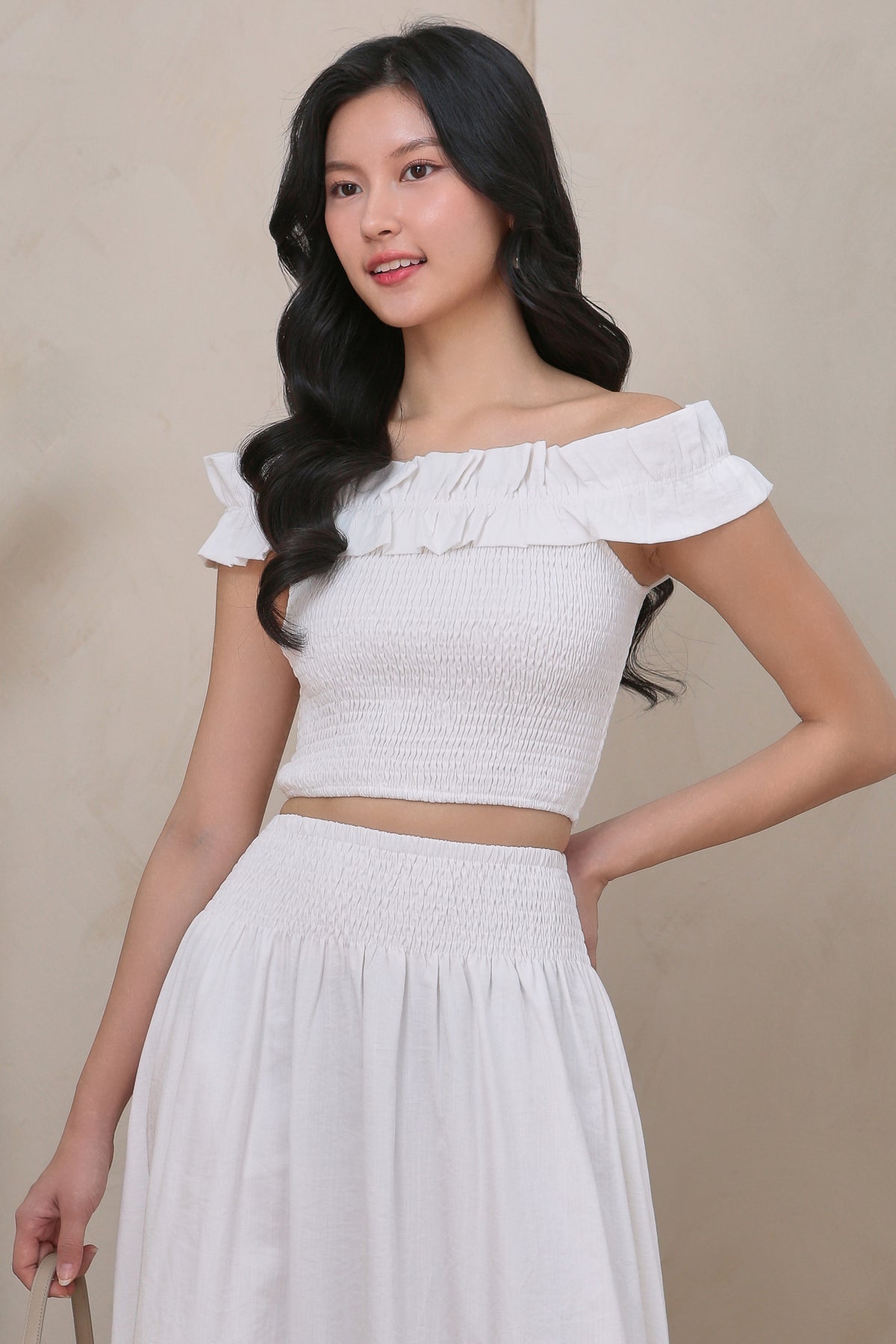 Kathy Ruffle Off Shoulder Smocked Top in White