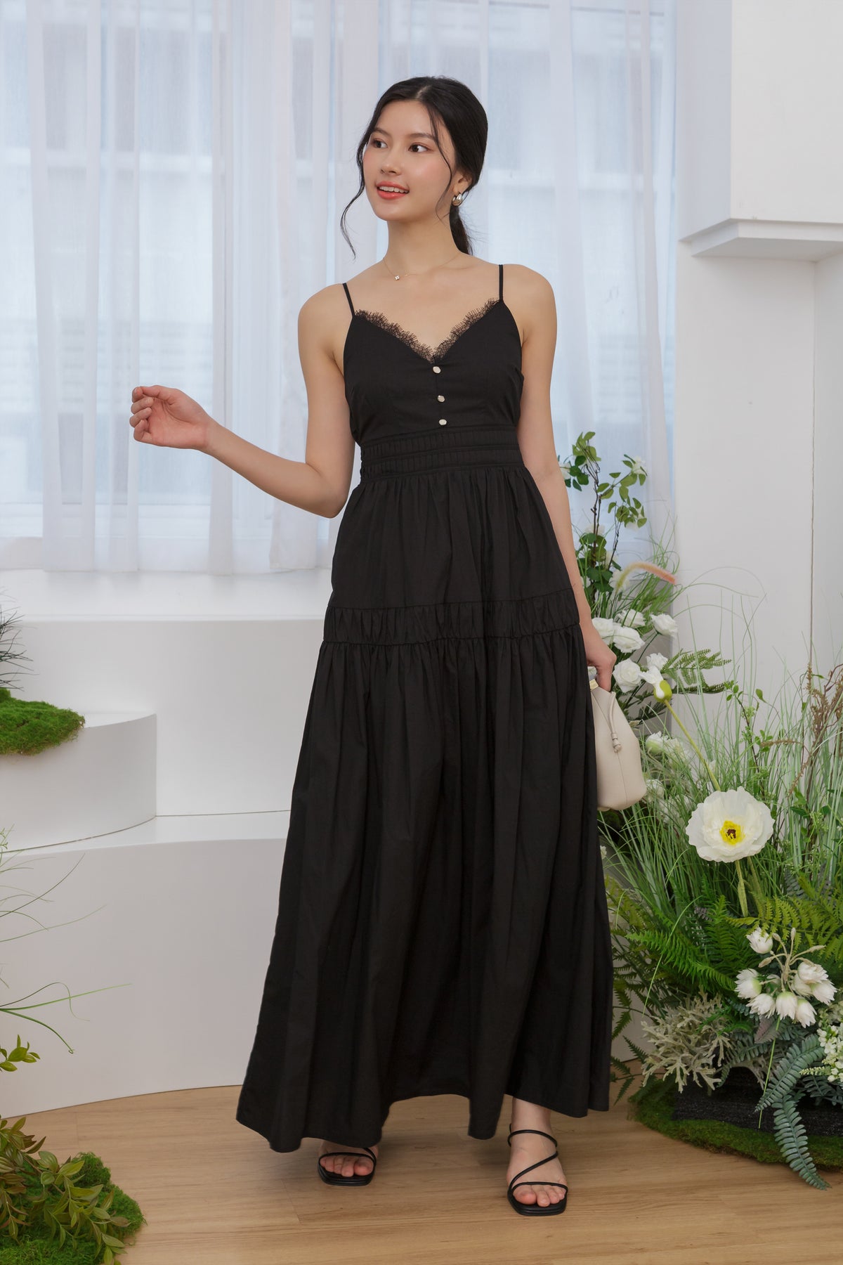 Ophelia Pleated Waist Maxi Dress in Black