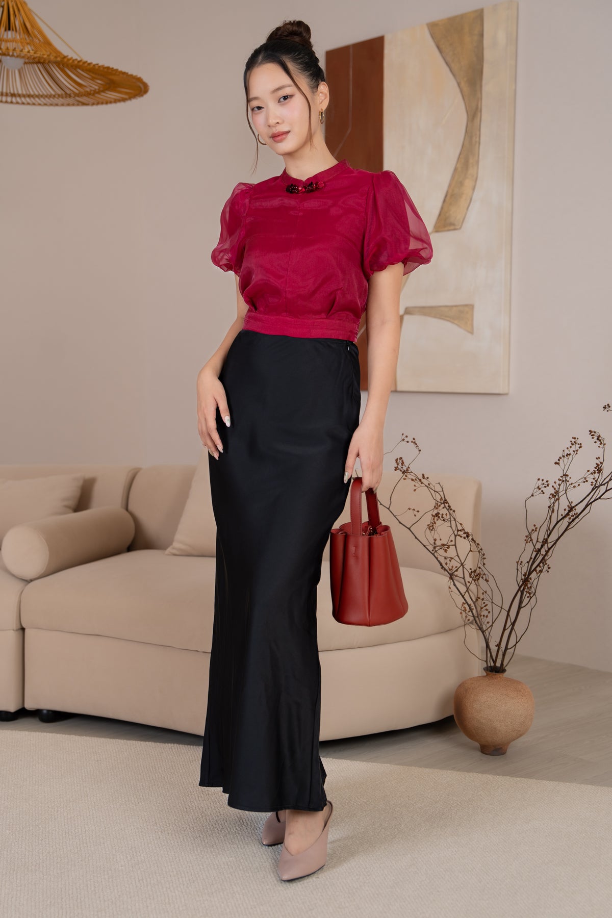 Peggy Organza Cheongsam Top in Wine