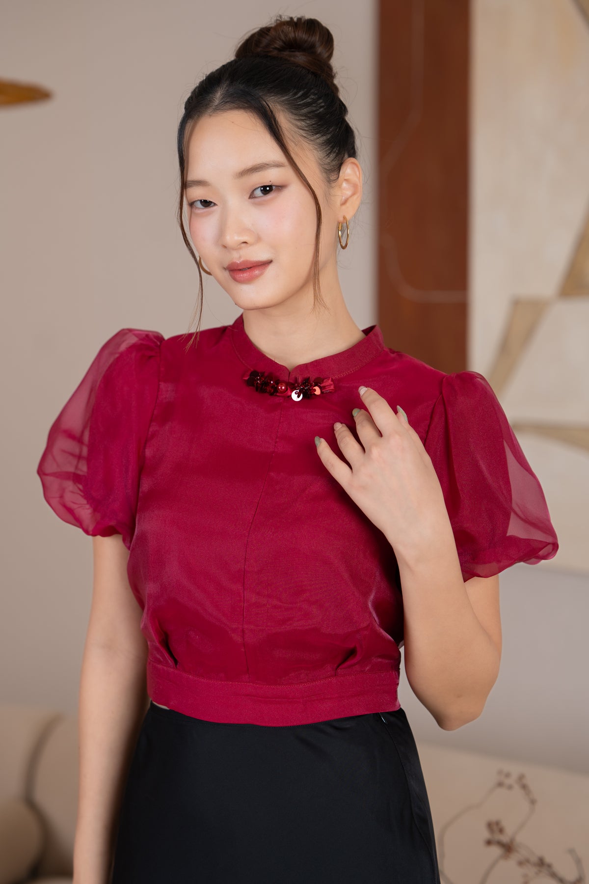 Peggy Organza Cheongsam Top in Wine