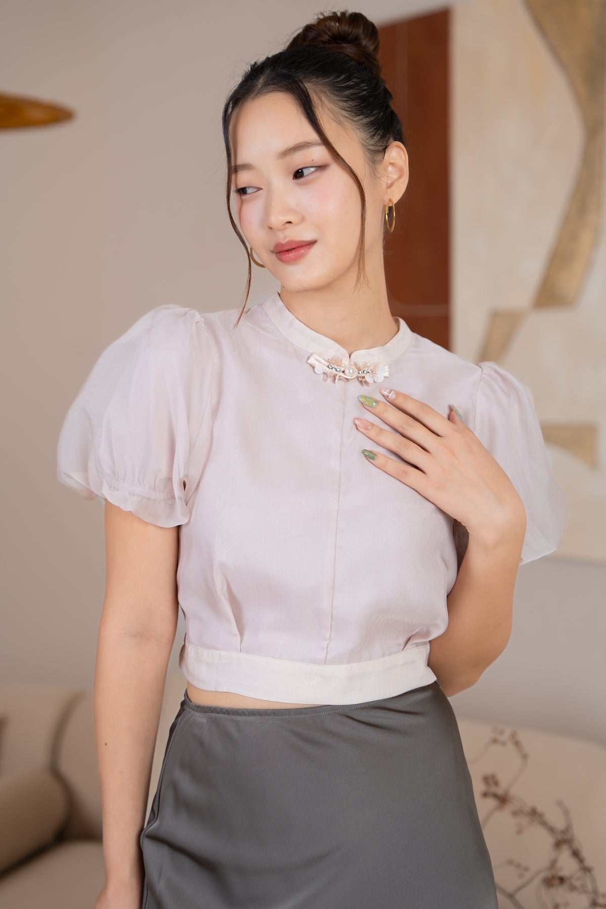 Peggy Organza Cheongsam Top in Nude Pink