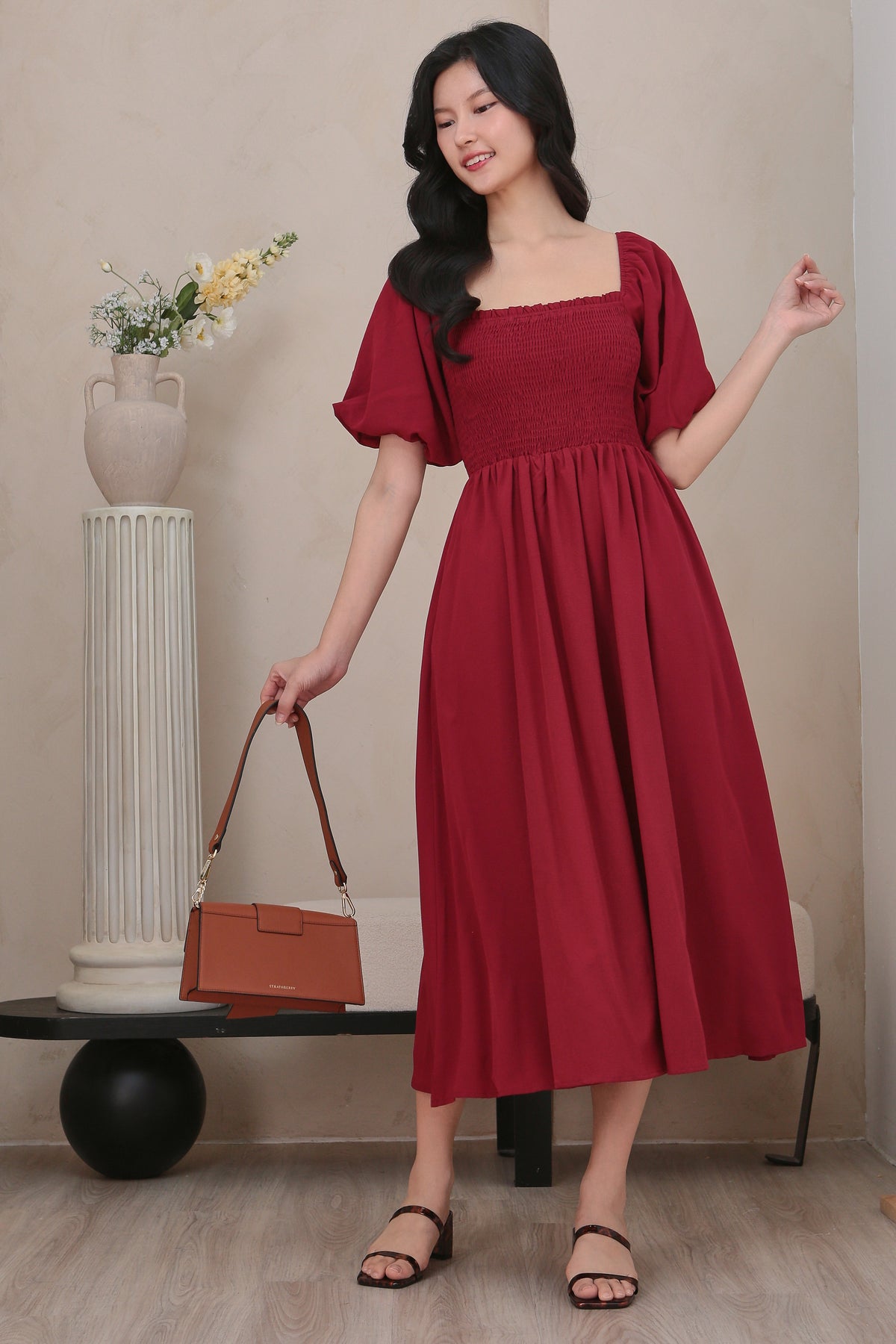 Pouf Sleeves Smocked Dress in Deep Wine