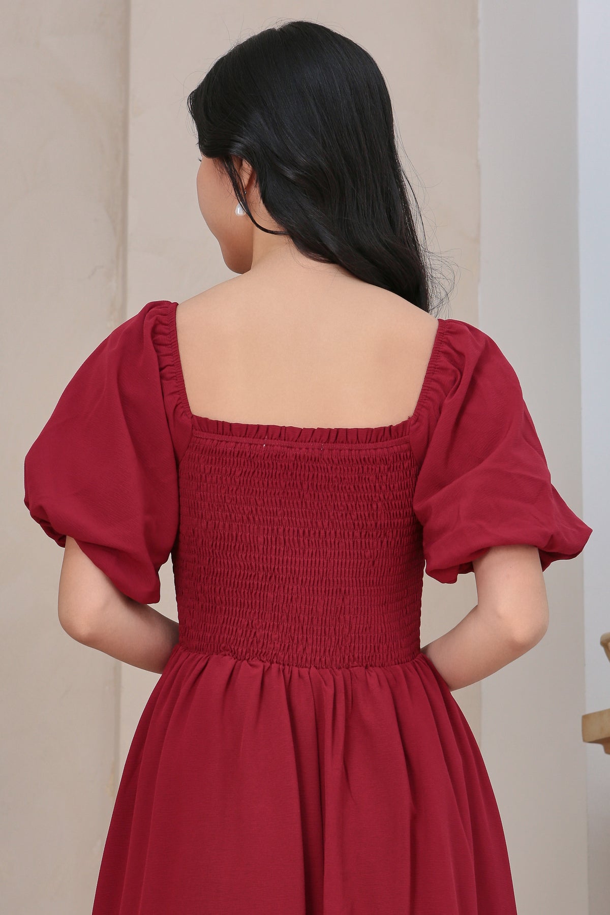 Pouf Sleeves Smocked Dress in Deep Wine