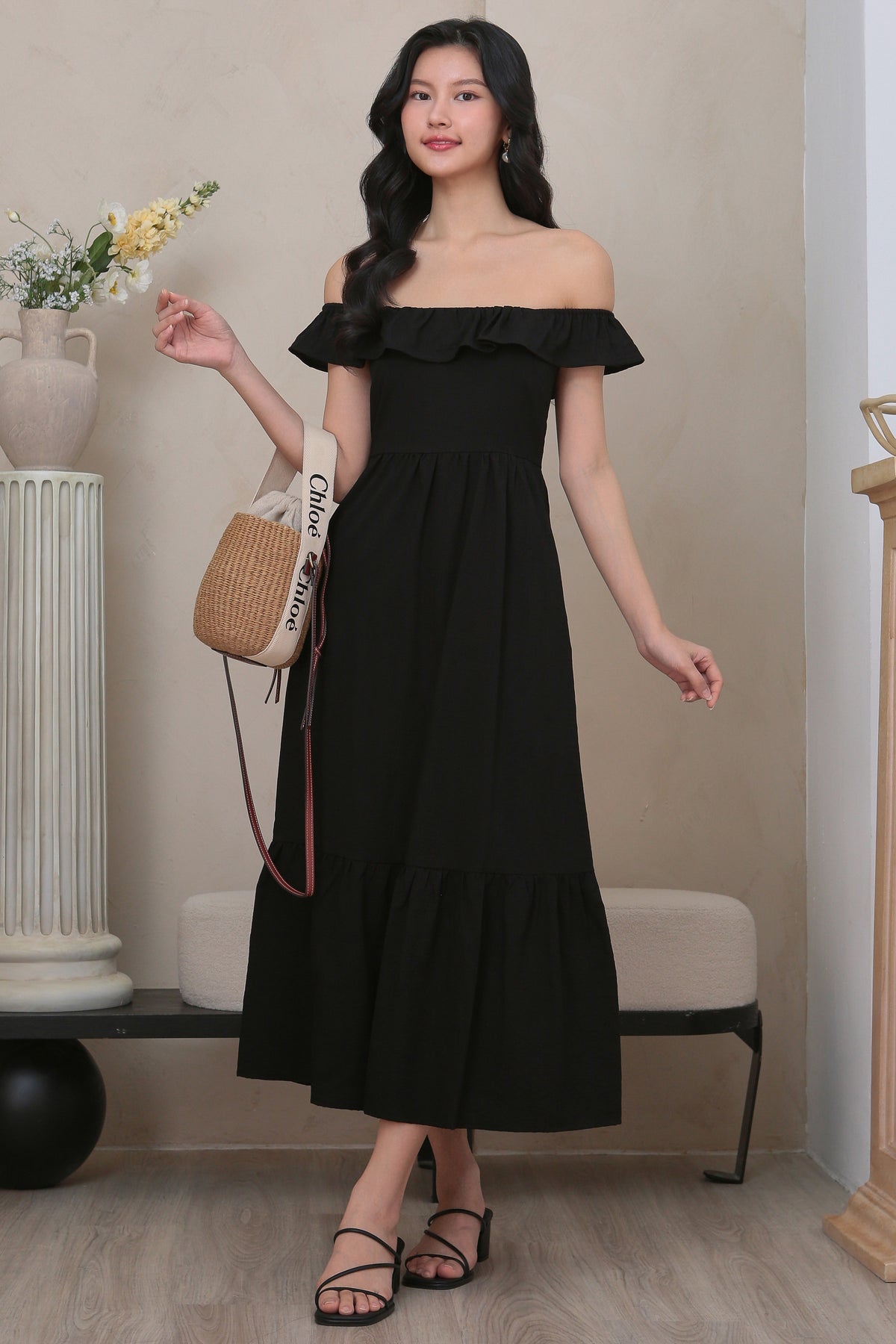 Ruffle Off Shoulder Drophem Dresss in Black