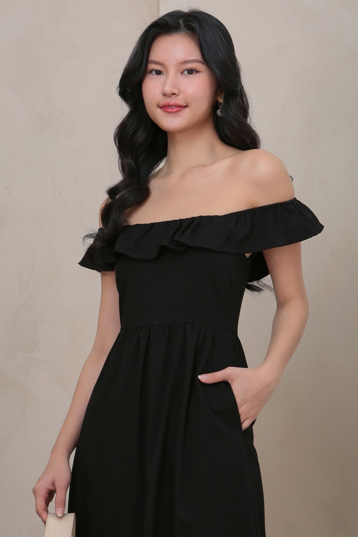 Ruffle Off Shoulder Drophem Dress in Black