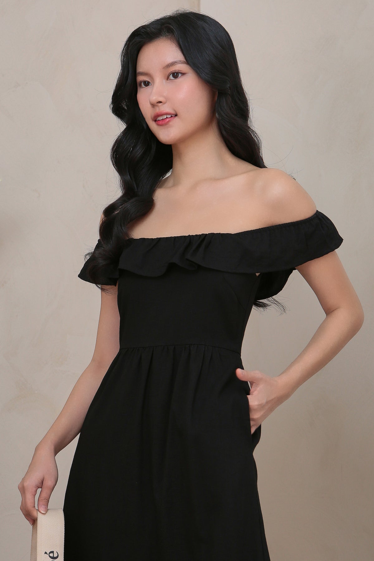 Ruffle Off Shoulder Drophem Dress in Black