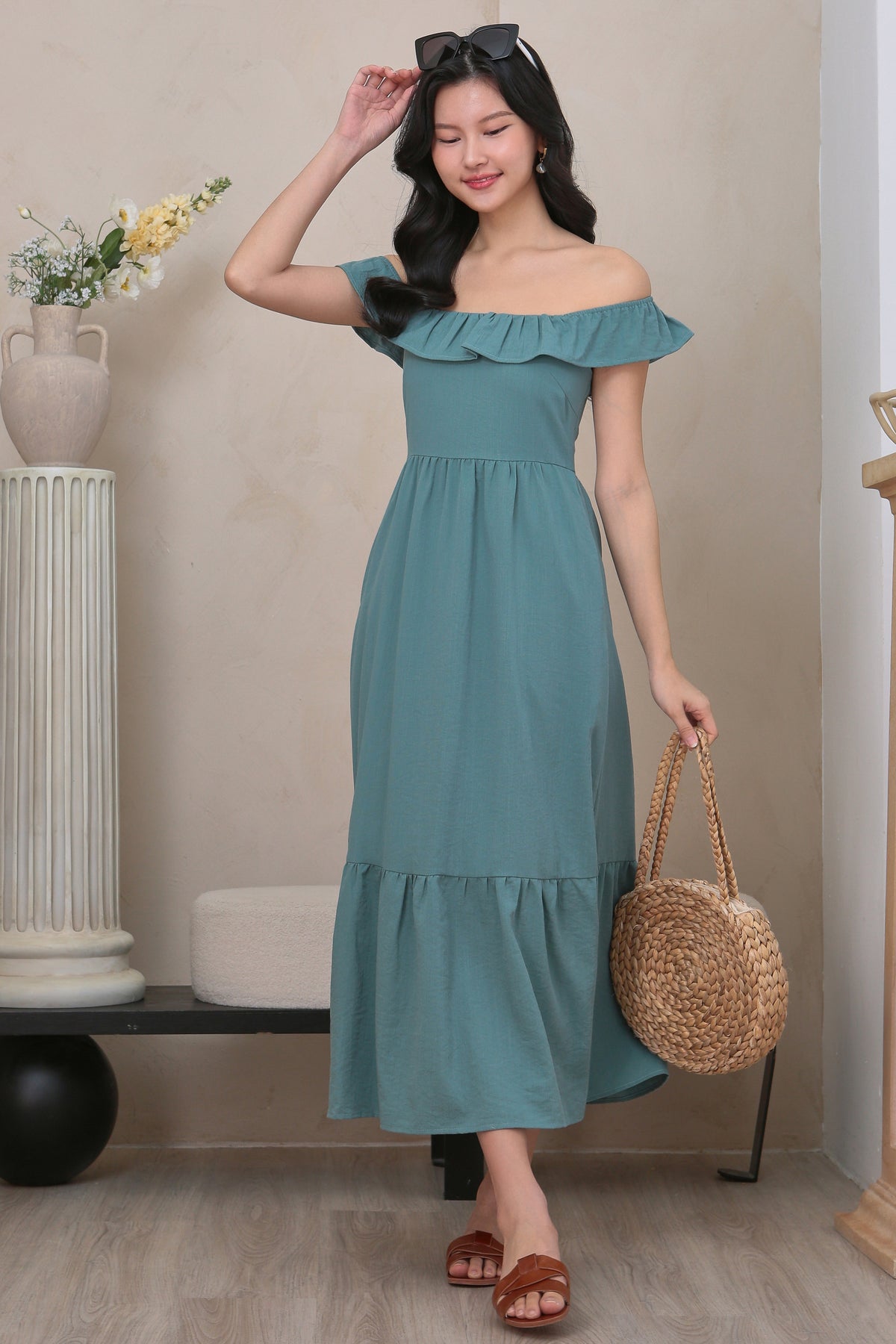 Ruffle Off Shoulder Drophem Dresss in Seafoam