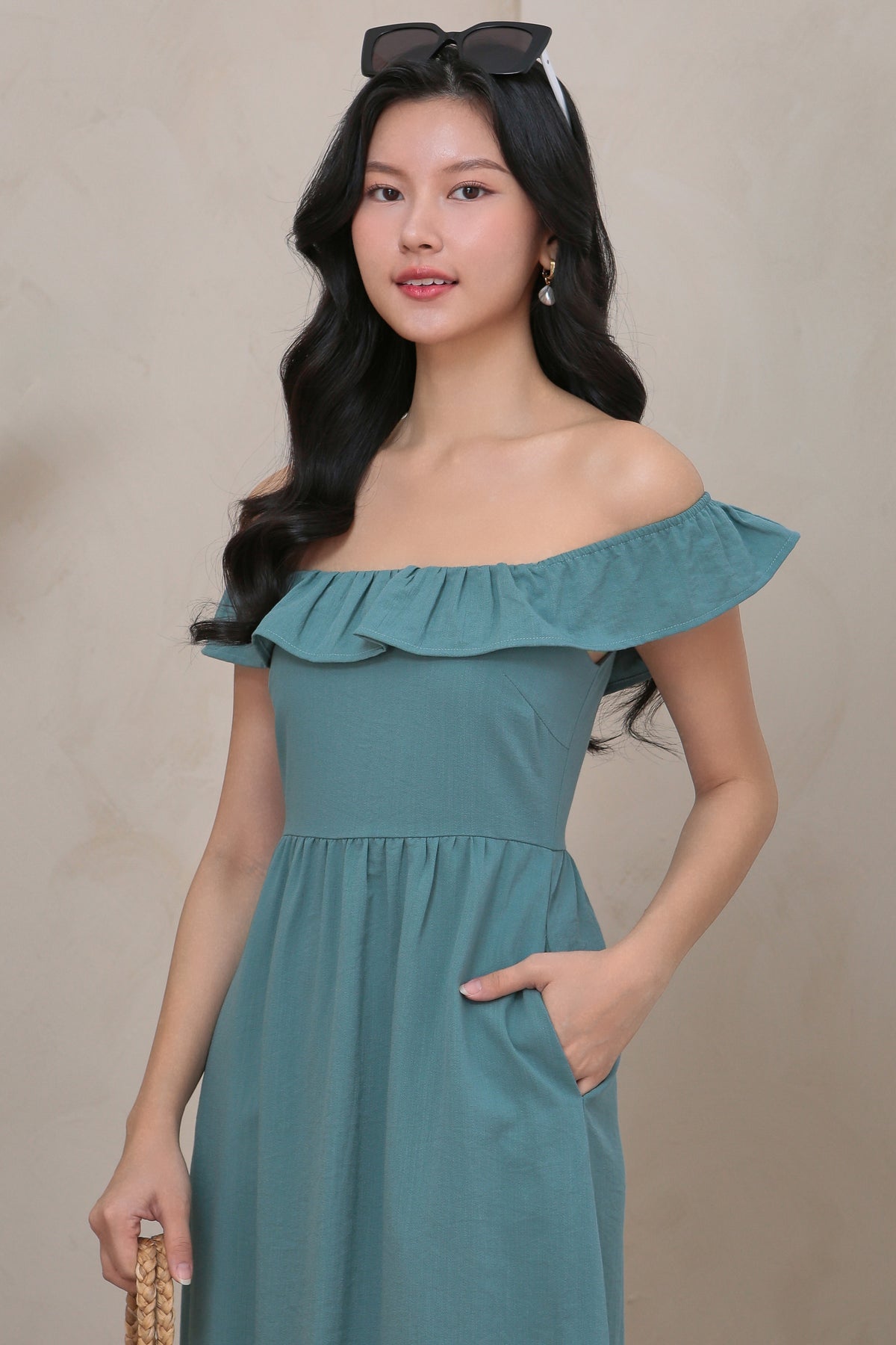 Ruffle Off Shoulder Drophem Dress in Seafoam