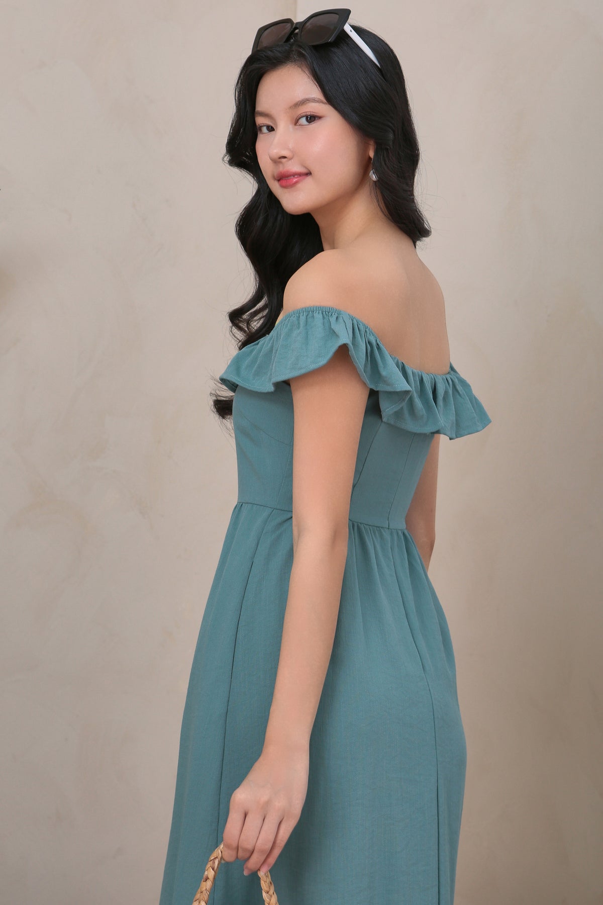 Ruffle Off Shoulder Drophem Dresss in Seafoam