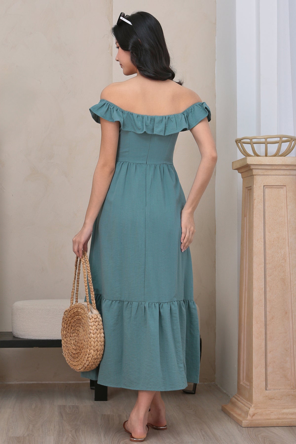 Ruffle Off Shoulder Drophem Dress in Seafoam