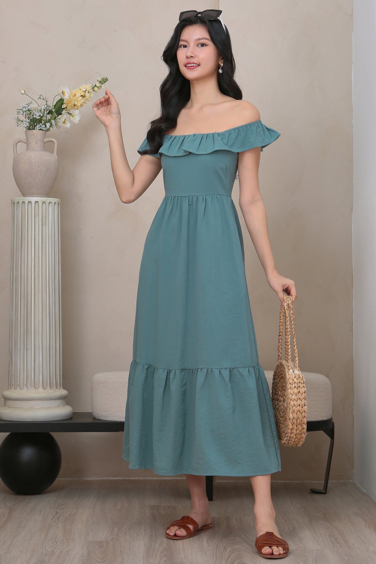 Ruffle Off Shoulder Drophem Dresss in Seafoam