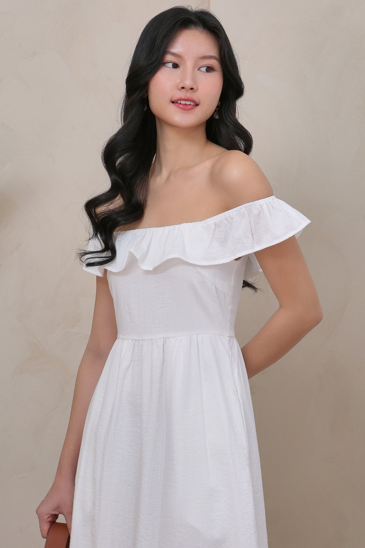 Ruffle Off Shoulder Drophem Dresss in White