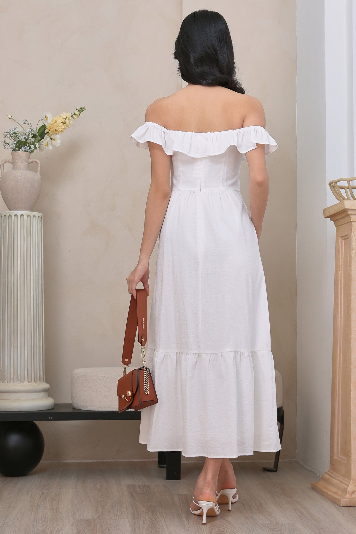 Ruffle Off Shoulder Drophem Dresss in White