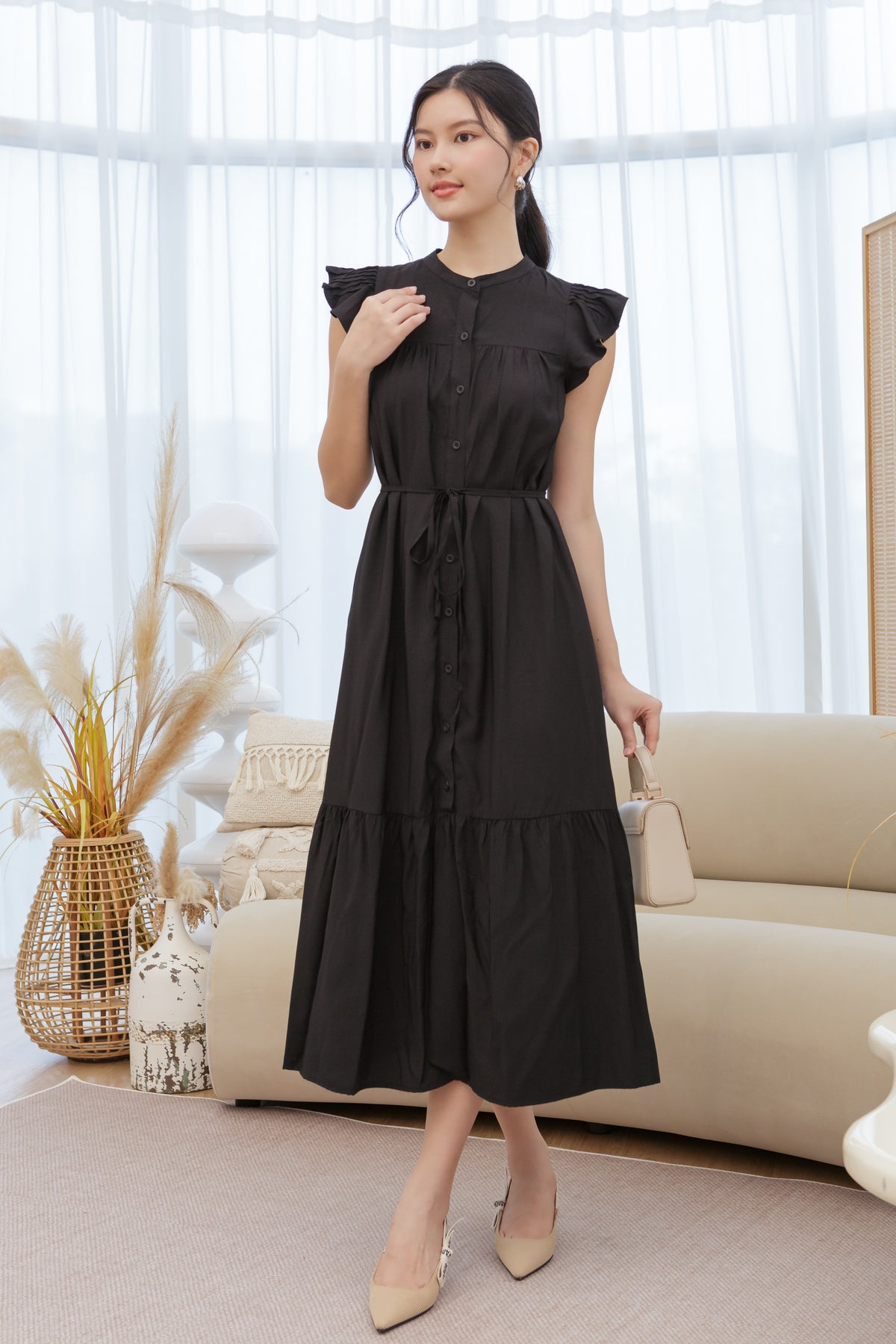 Ruffle Sleeve Button Dress in Black