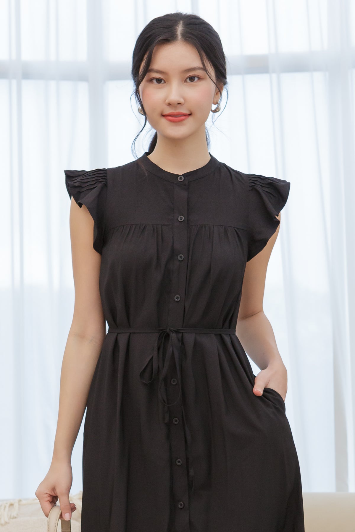 Ruffle Sleeve Button Dress in Black