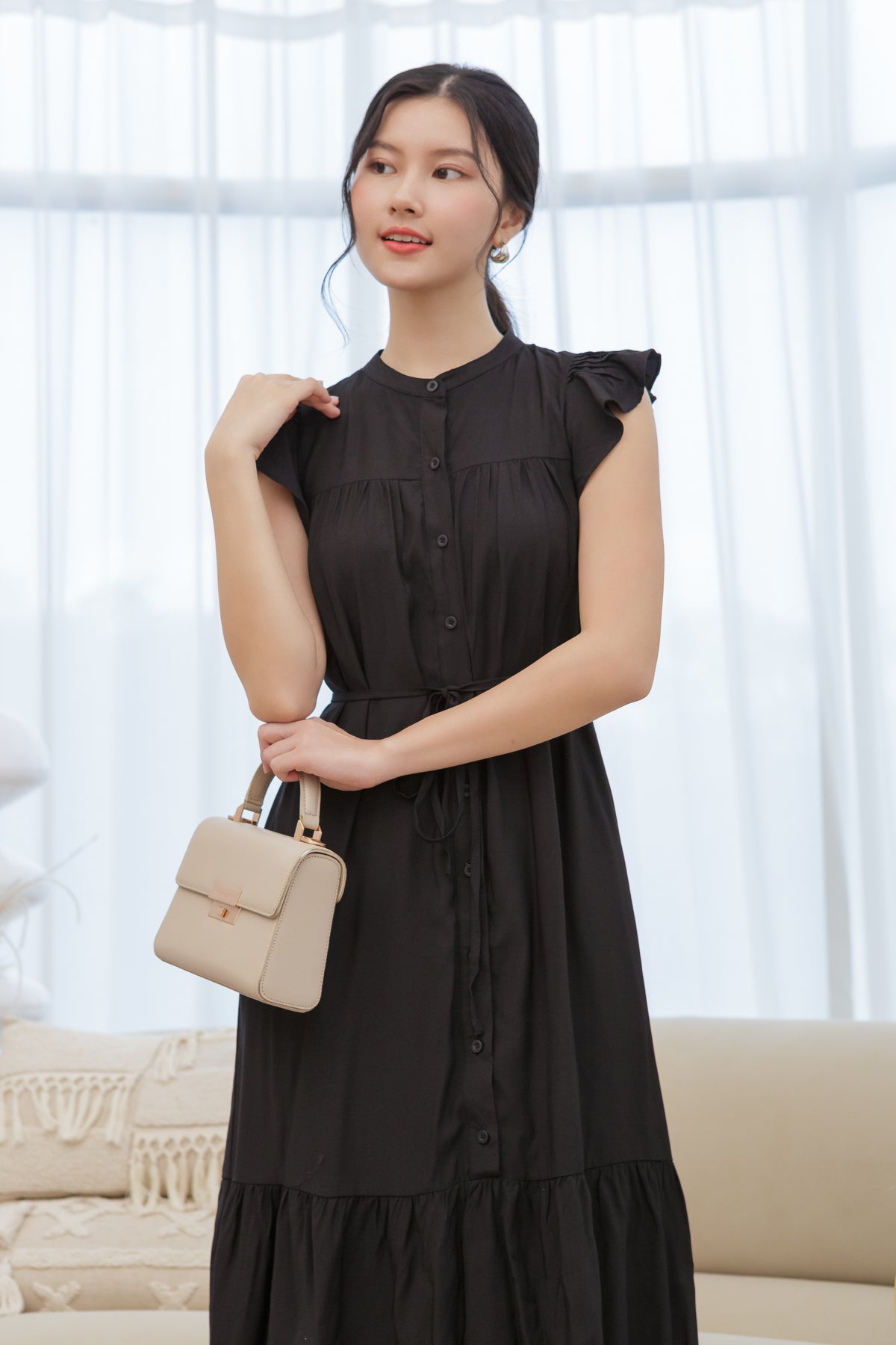 Ruffle Sleeve Button Dress in Black