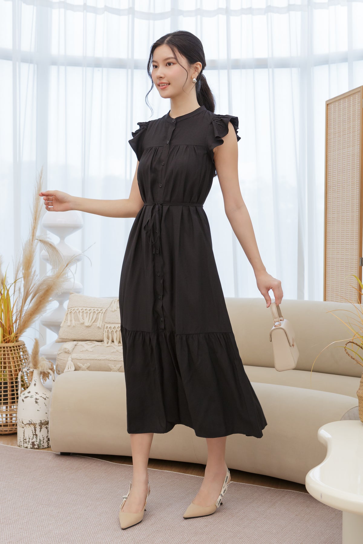 Ruffle Sleeve Button Dress in Black