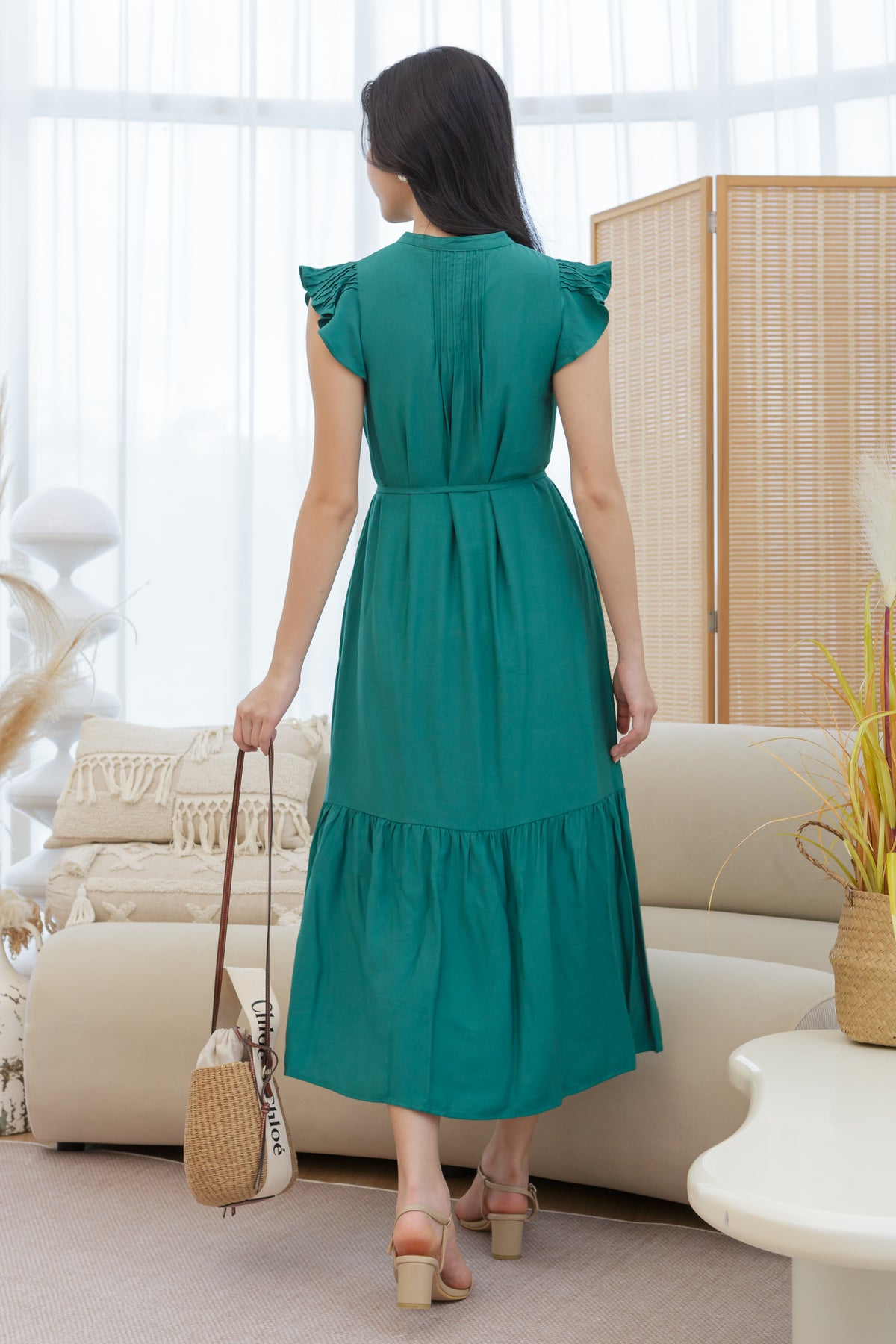 Ruffle Sleeve Button Dress in Hunter Green