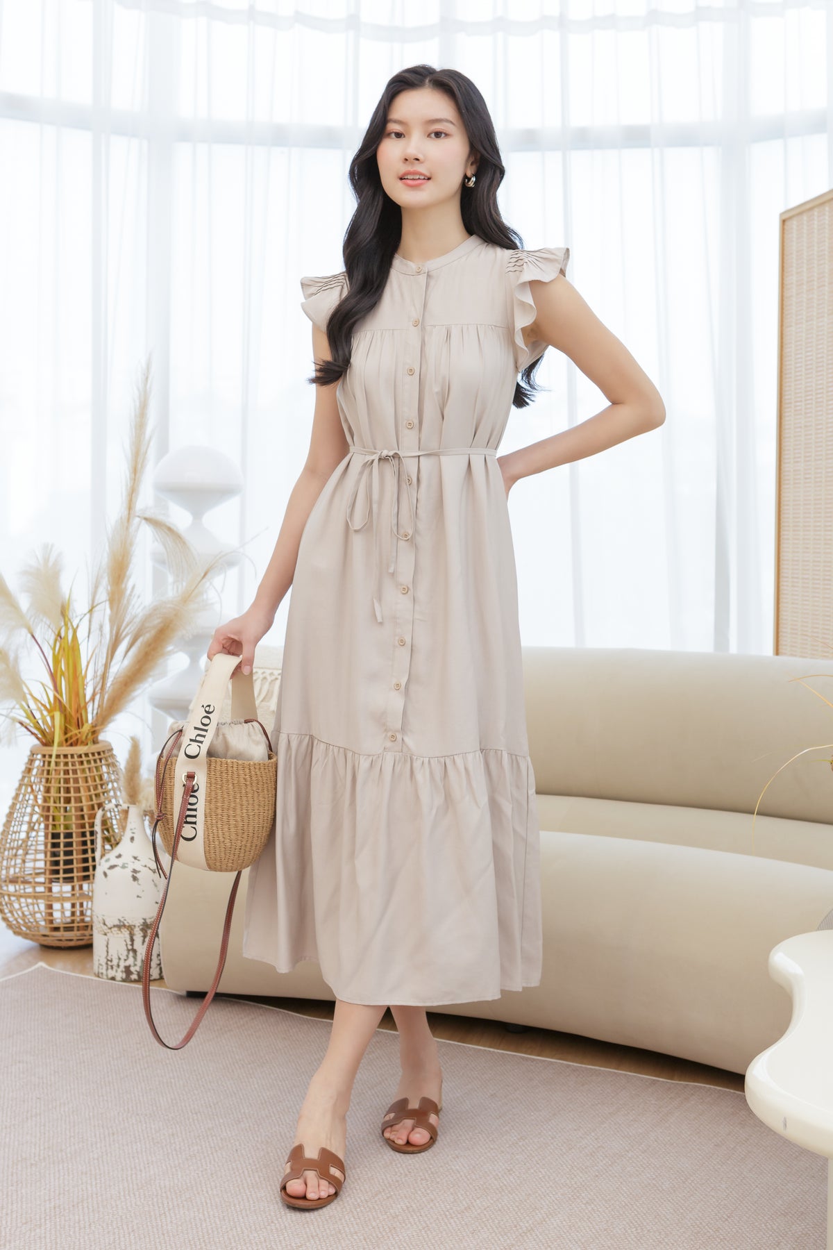 Ruffle Sleeve Button Dress in Oat