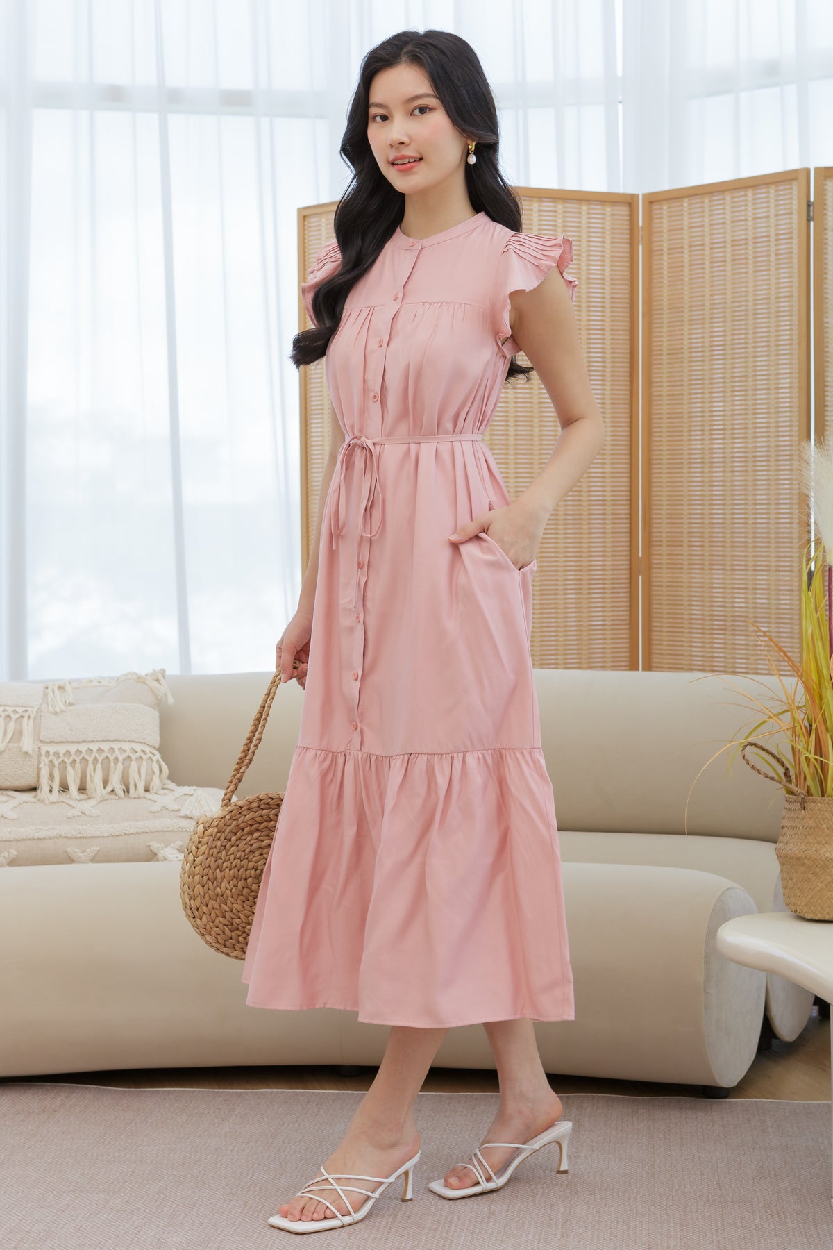 Ruffle Sleeve Button Dress in Pink