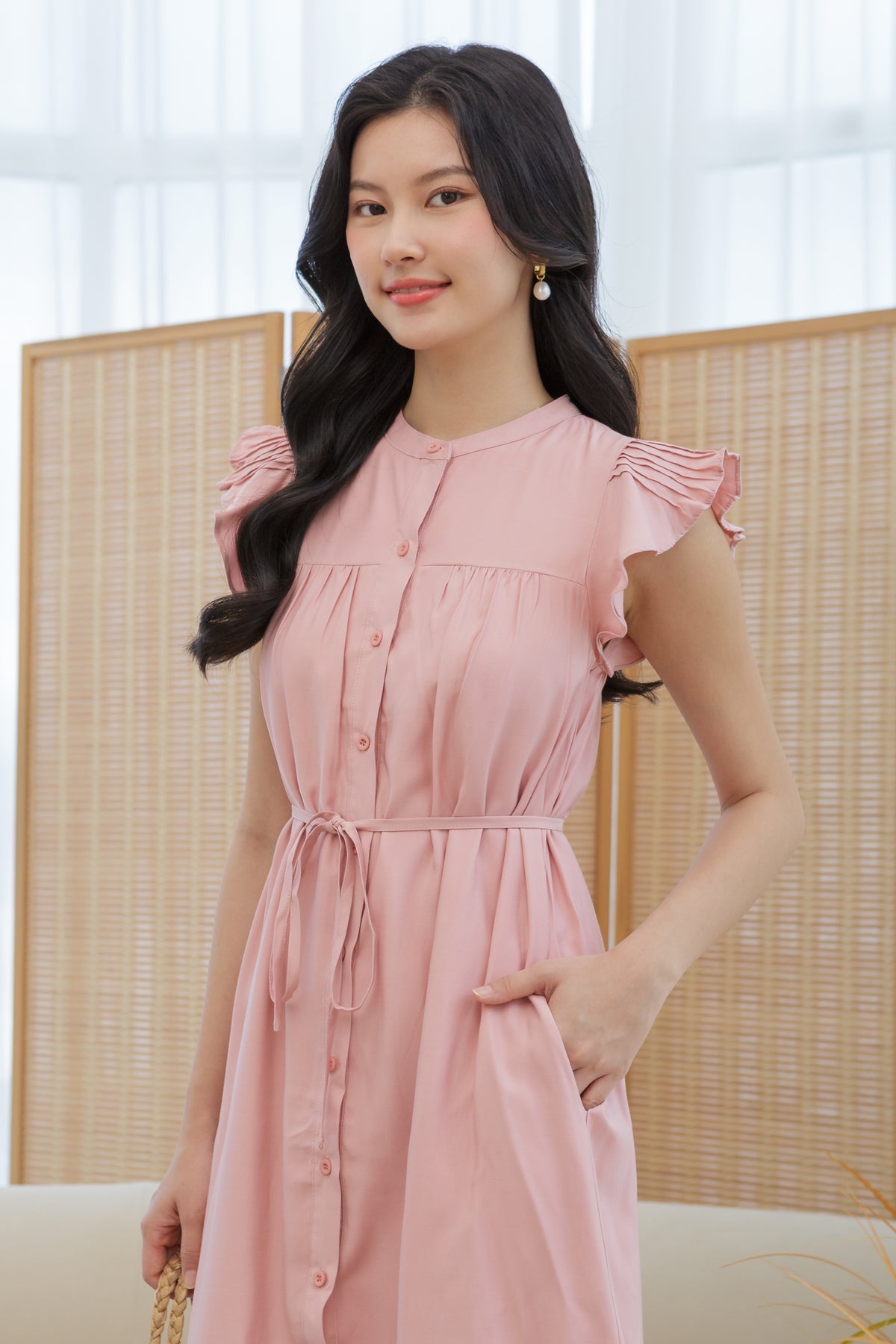 Ruffle Sleeve Button Dress in Pink