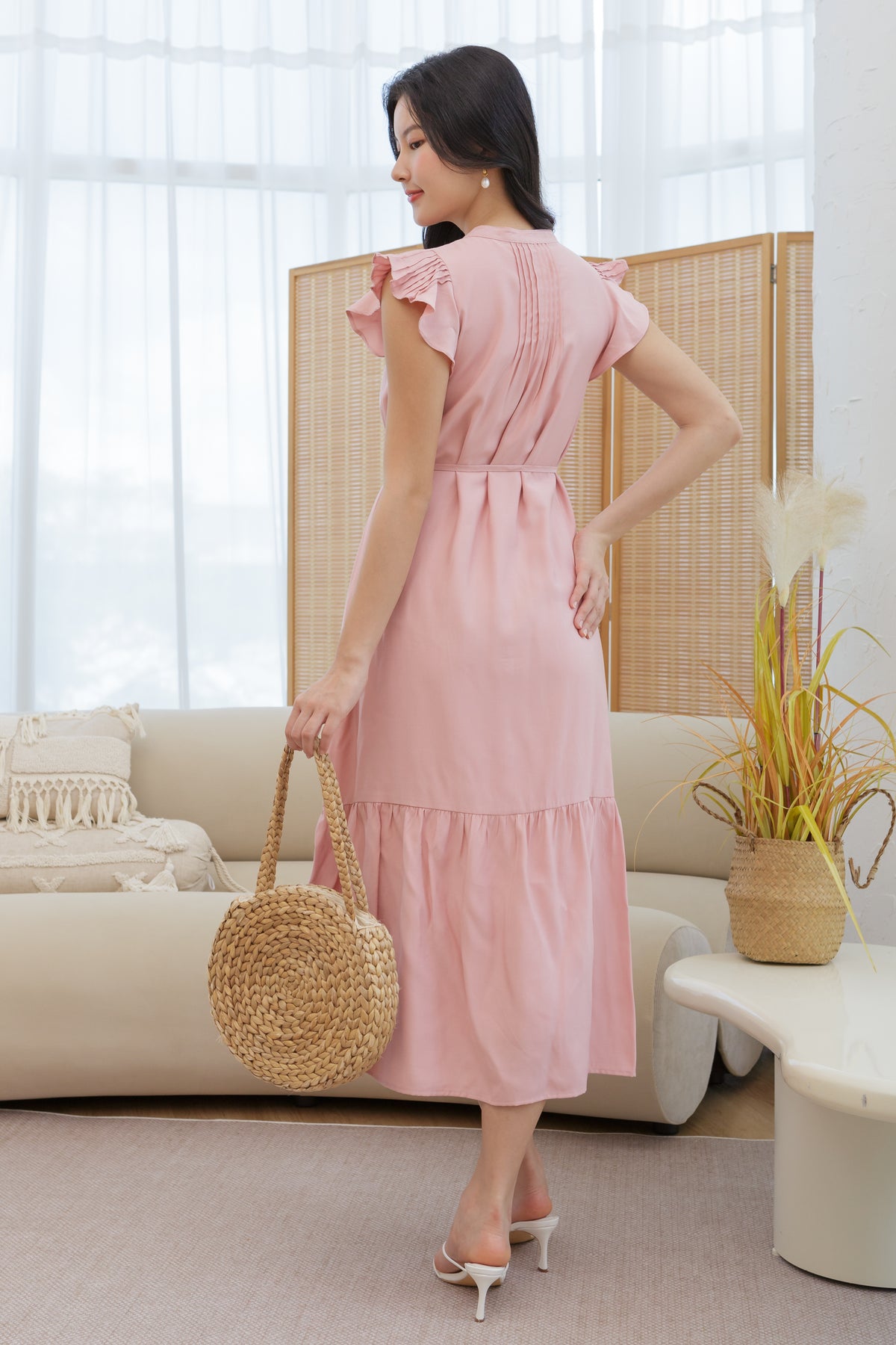 Ruffle Sleeve Button Dress in Pink