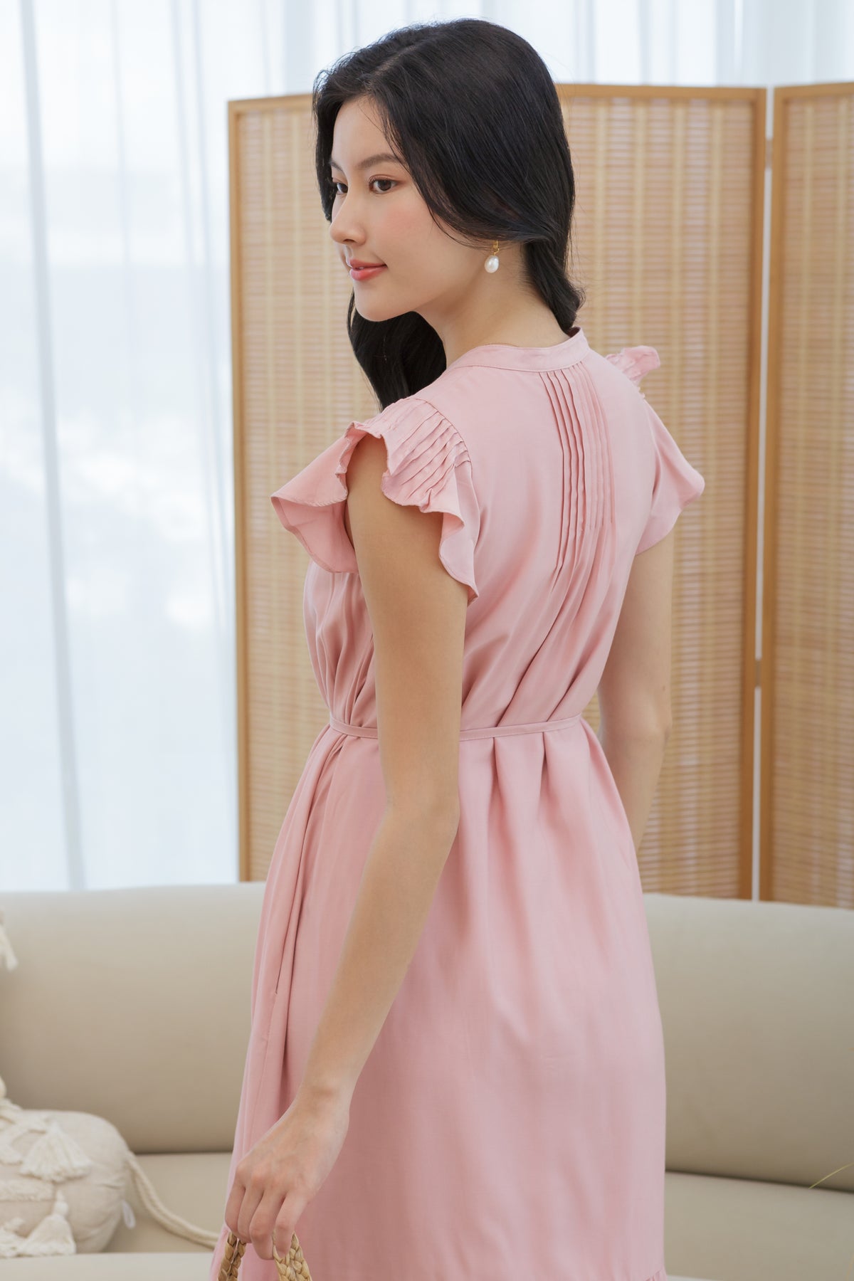 Ruffle Sleeve Button Dress in Pink