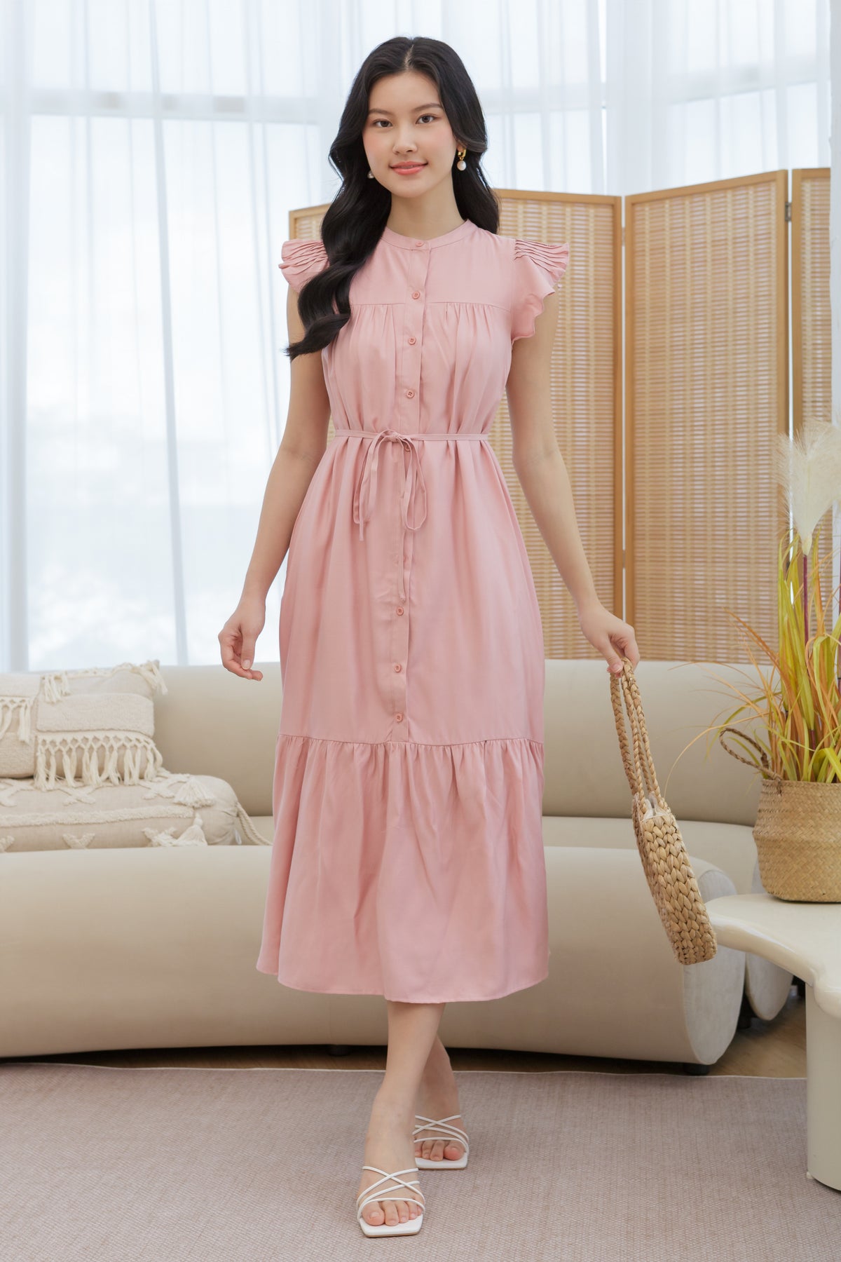 Ruffle Sleeve Button Dress in Pink