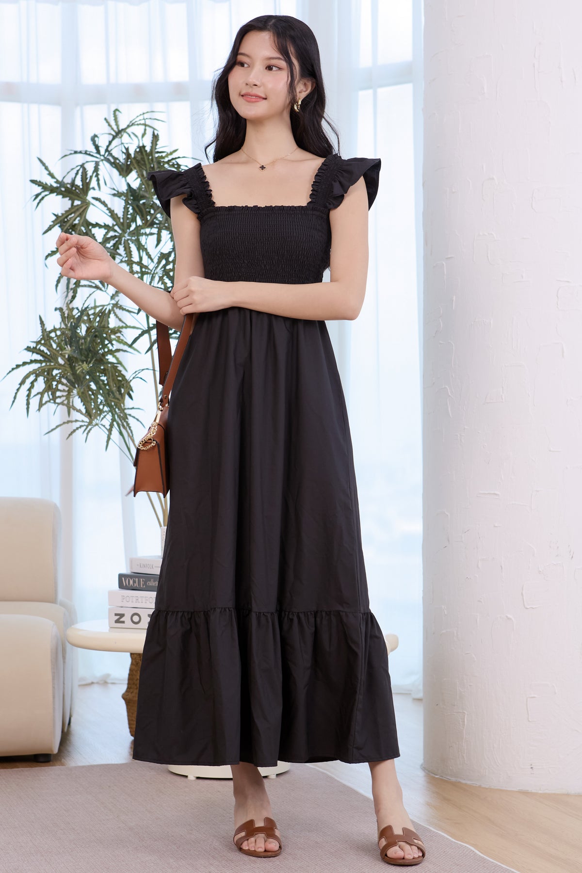 Ruffle Sleeves Smocked Drophem Dress in Black