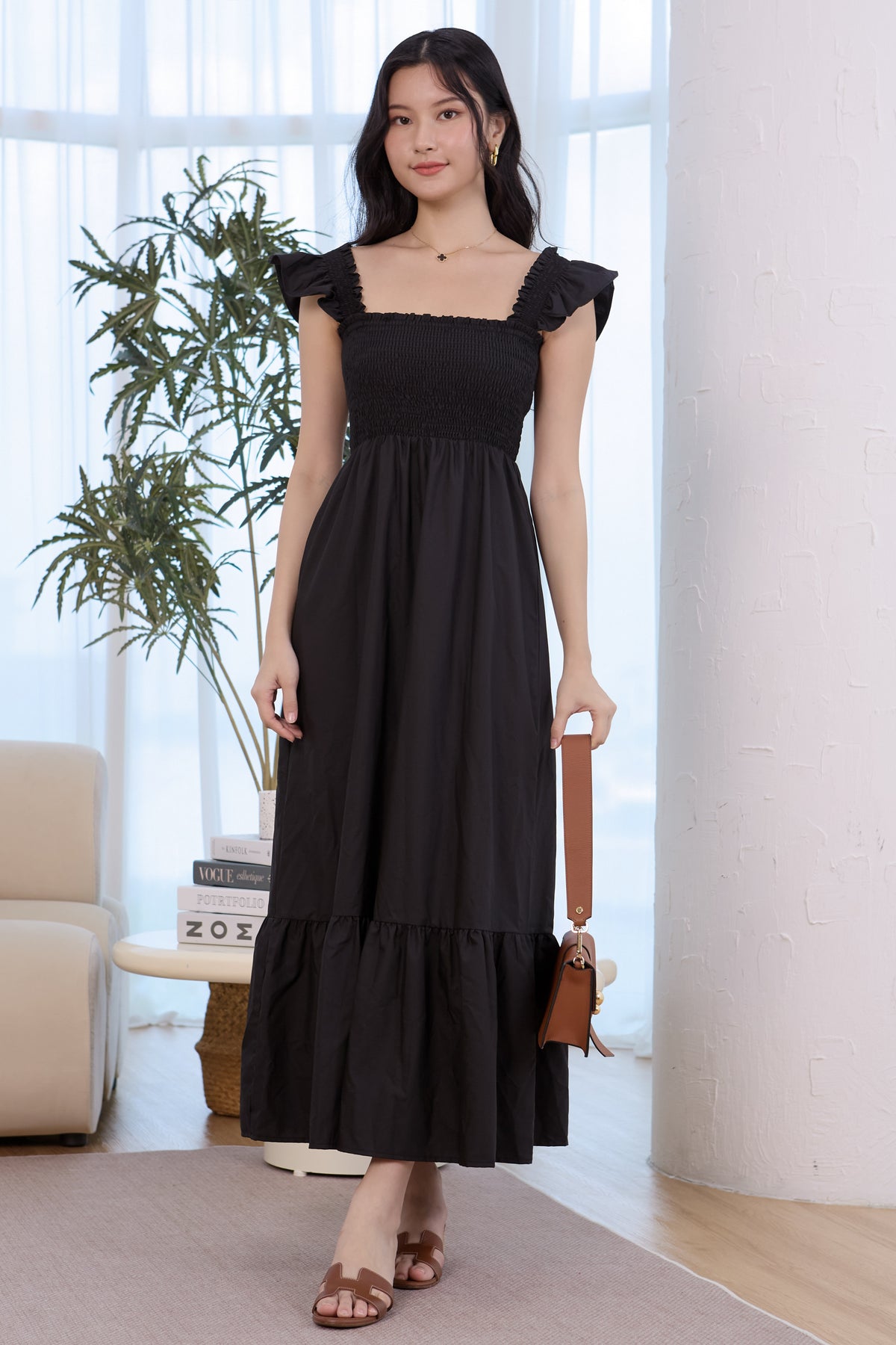 Ruffle Sleeves Smocked Drophem Dress in Black