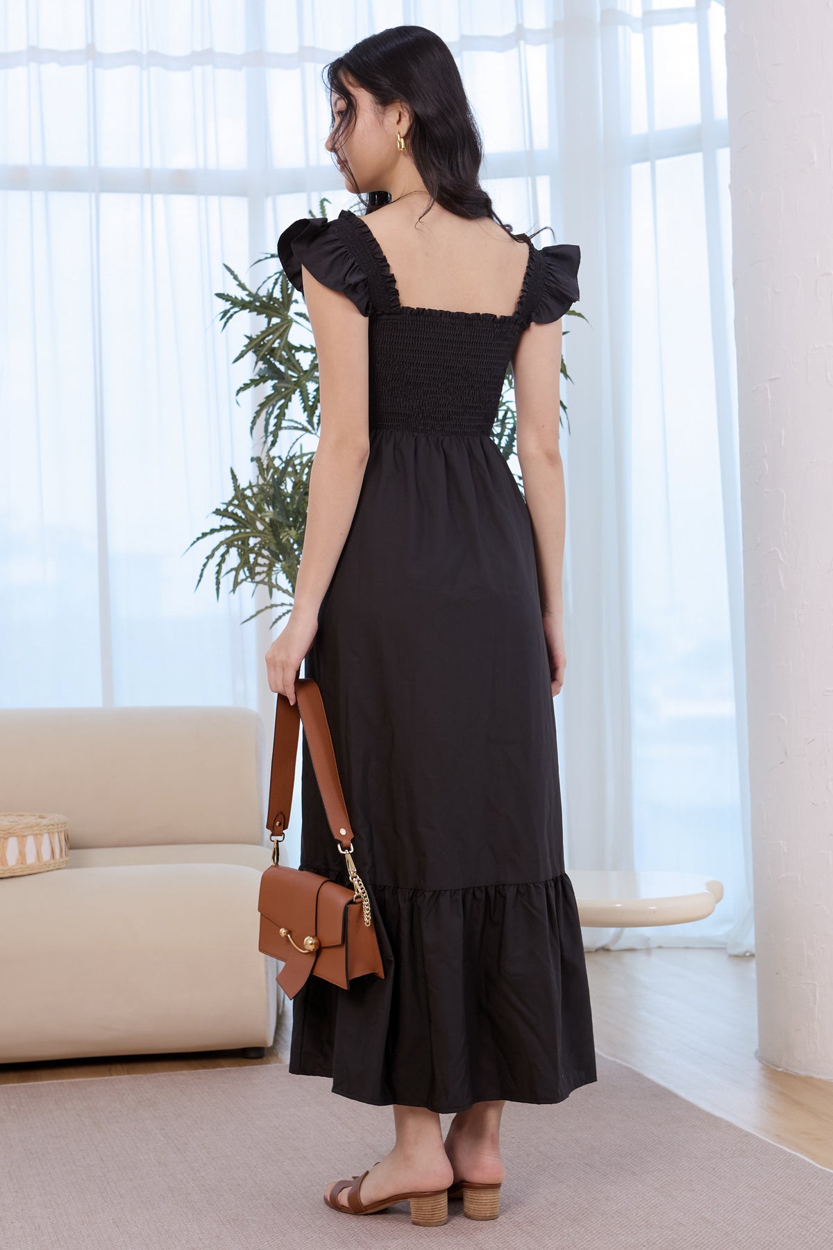 Ruffle Sleeves Smocked Drophem Dress in Black