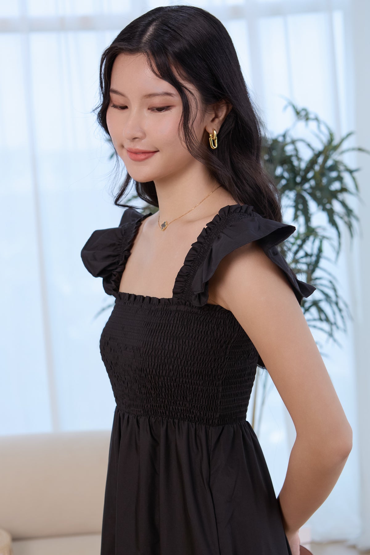 Ruffle Sleeves Smocked Drophem Dress in Black