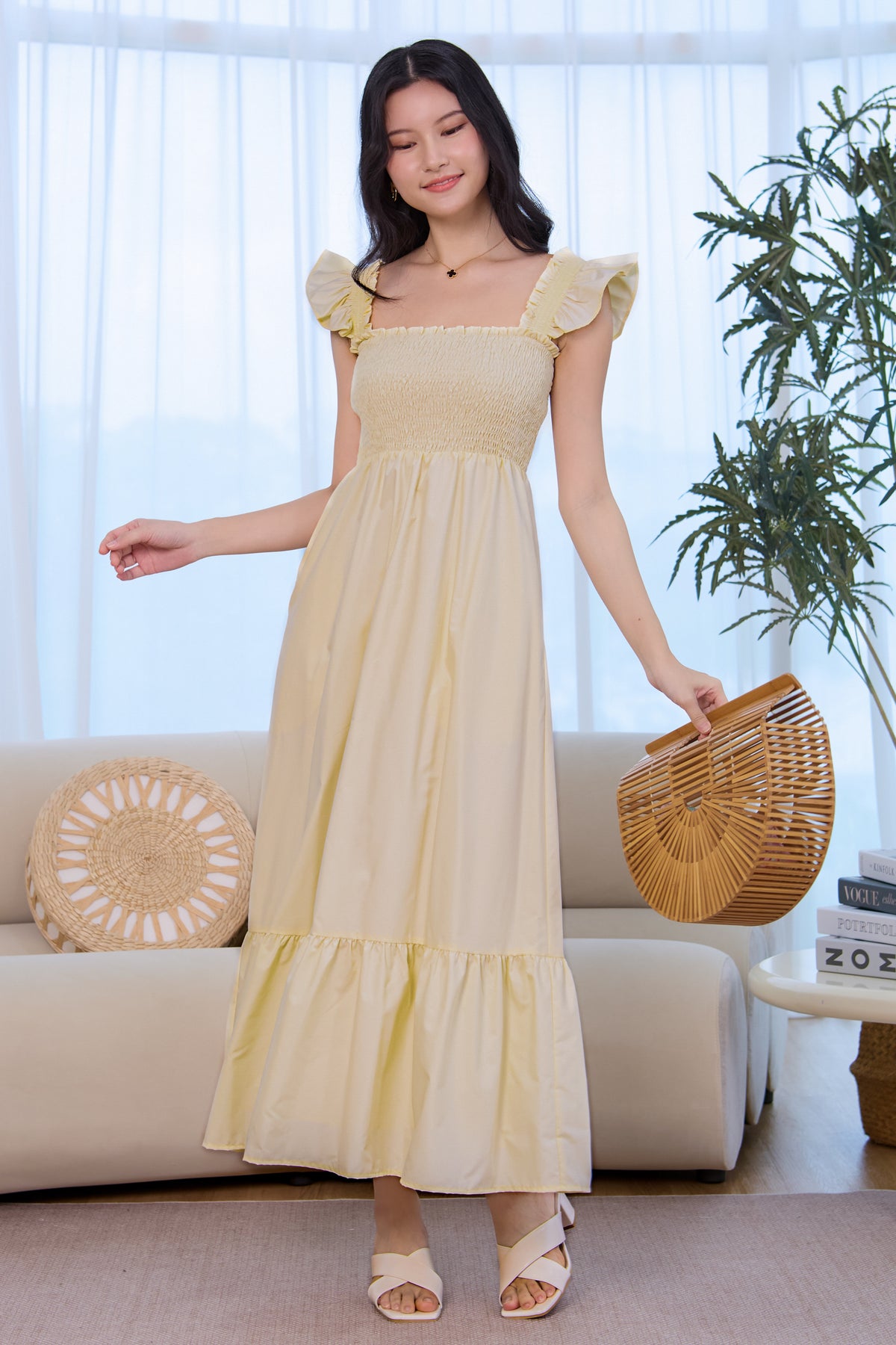 Ruffle Sleeves Smocked Drophem Dress in Pale Yellow