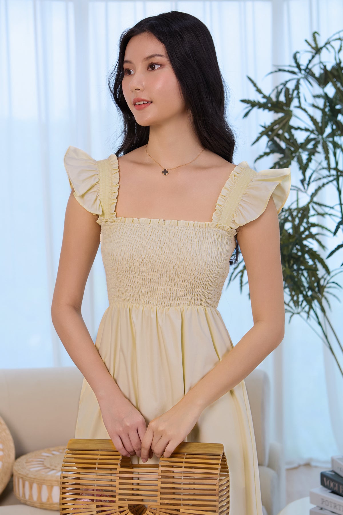 Ruffle Sleeves Smocked Drophem Dress in Pale Yellow