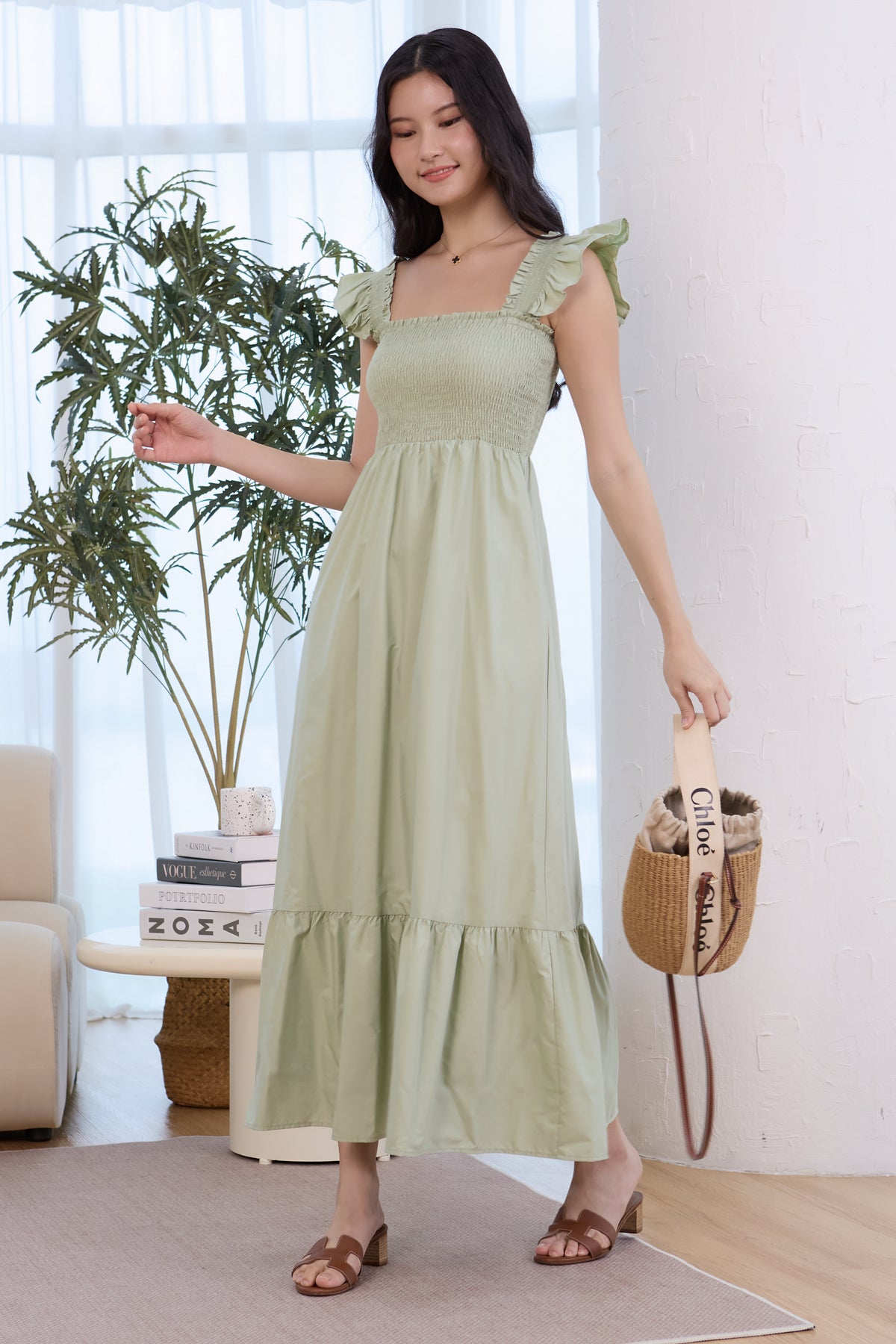 Ruffle Sleeves Smocked Drophem Dress in Sage