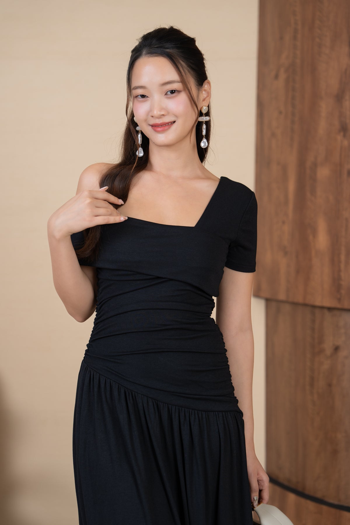 Salsa Ruched Toga Dress in Black