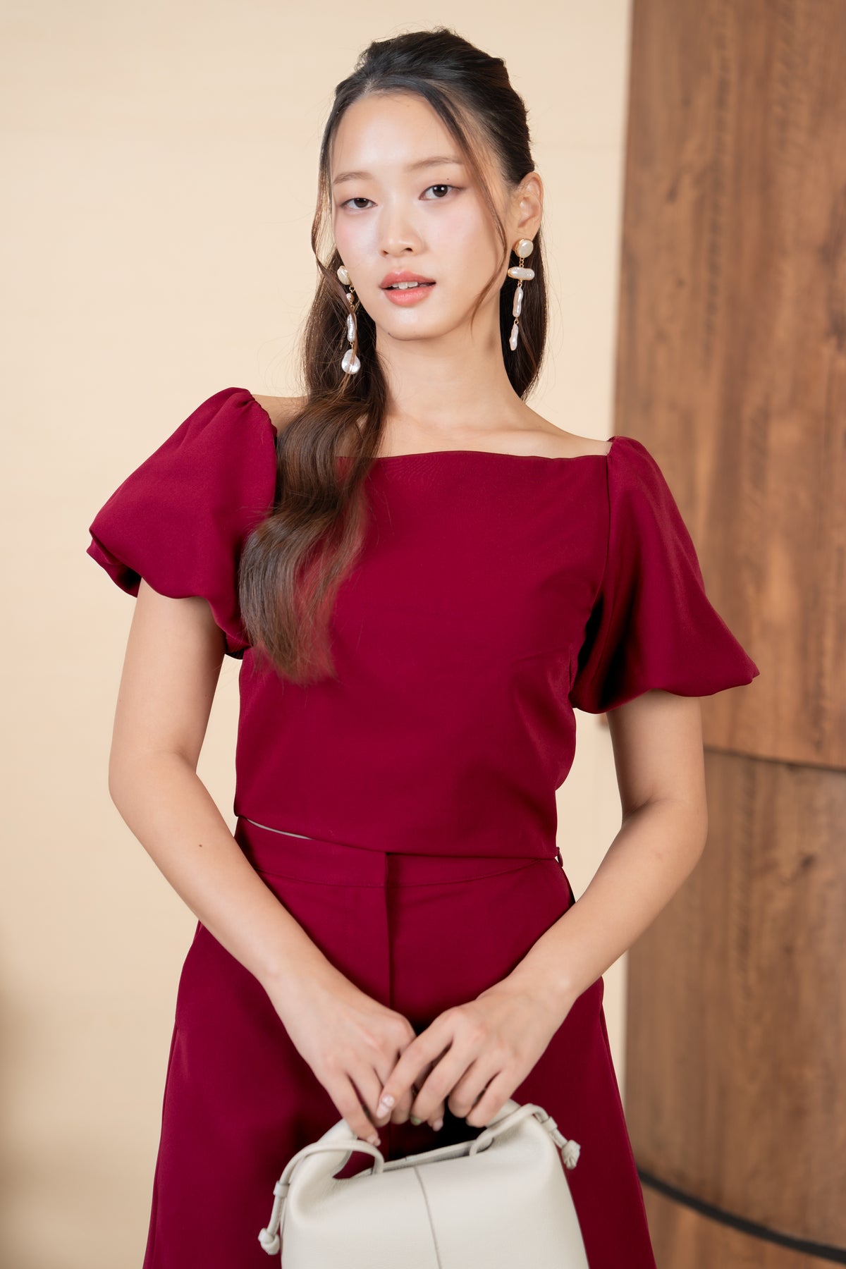 Sandra Pouf Sleeves Slanted Top in Burgundy