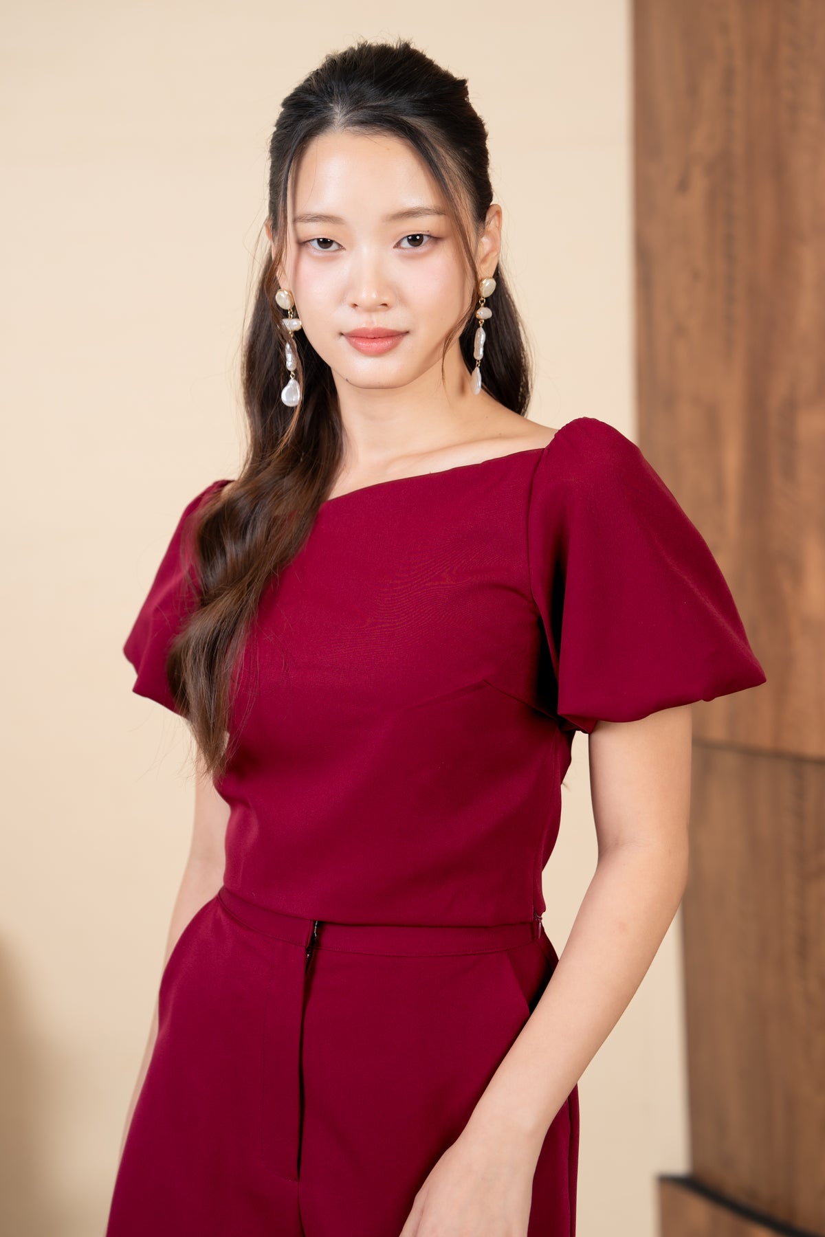 Sandra Pouf Sleeves Slanted Top in Burgundy