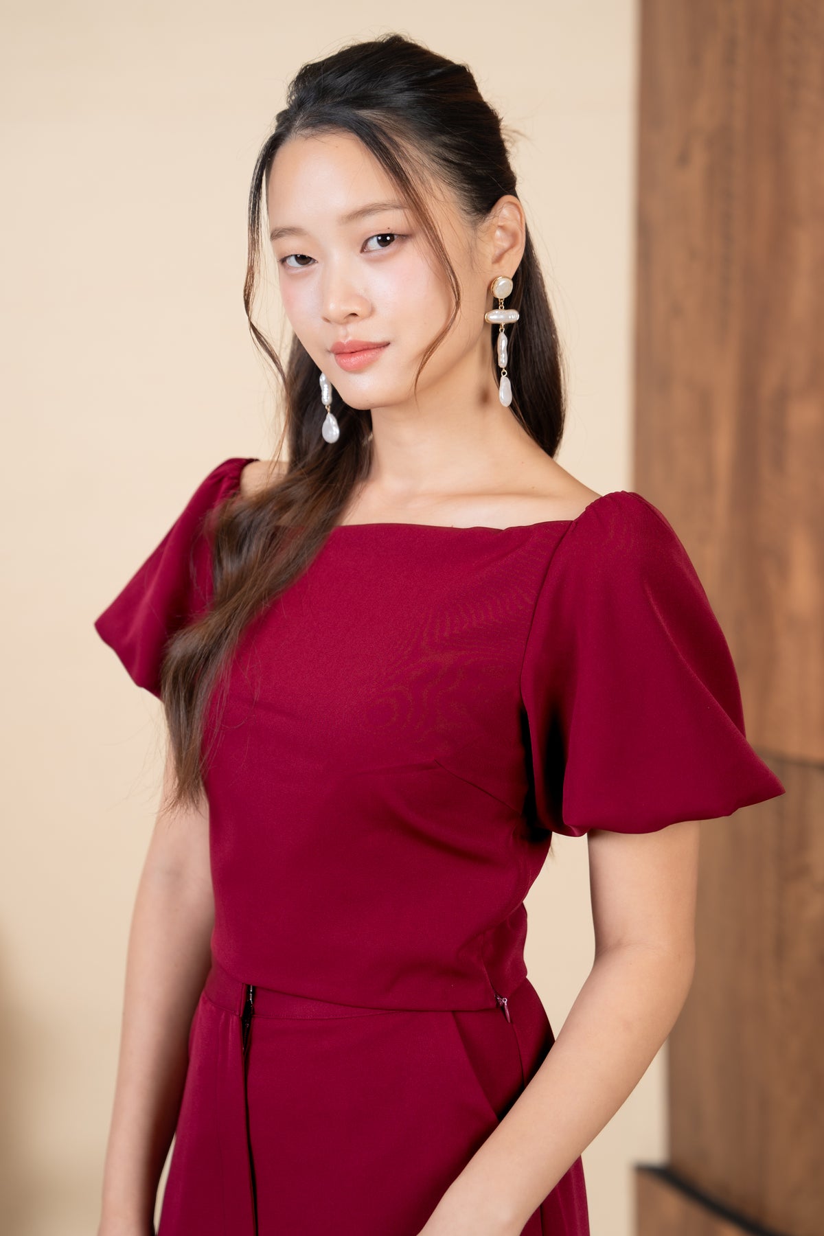 Sandra Pouf Sleeves Slanted Top in Burgundy