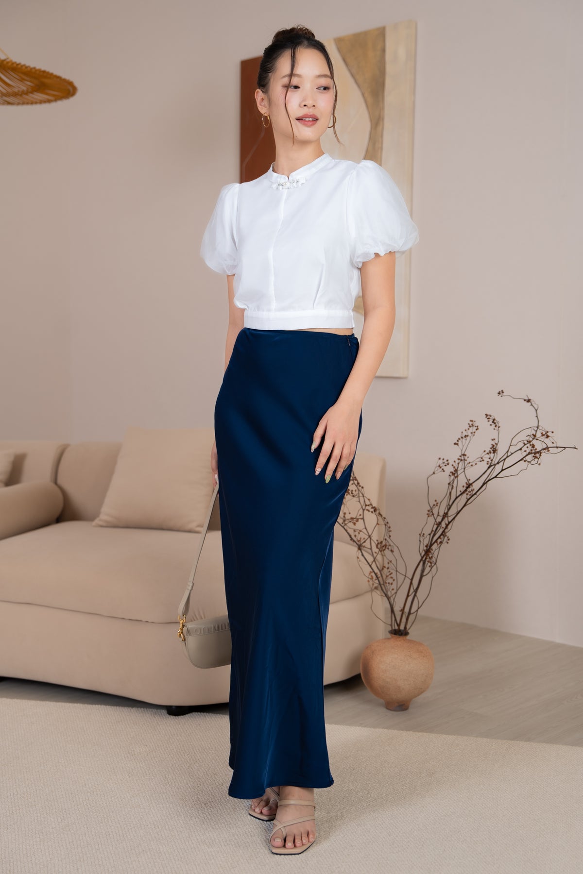 Natasha Satin Maxi Skirt in Navy