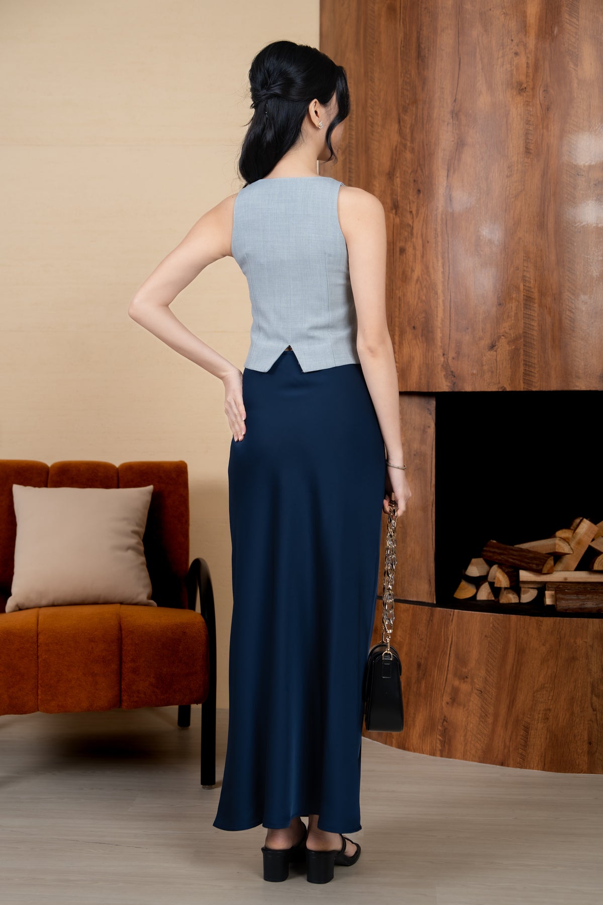 Natasha Satin Maxi Skirt in Navy