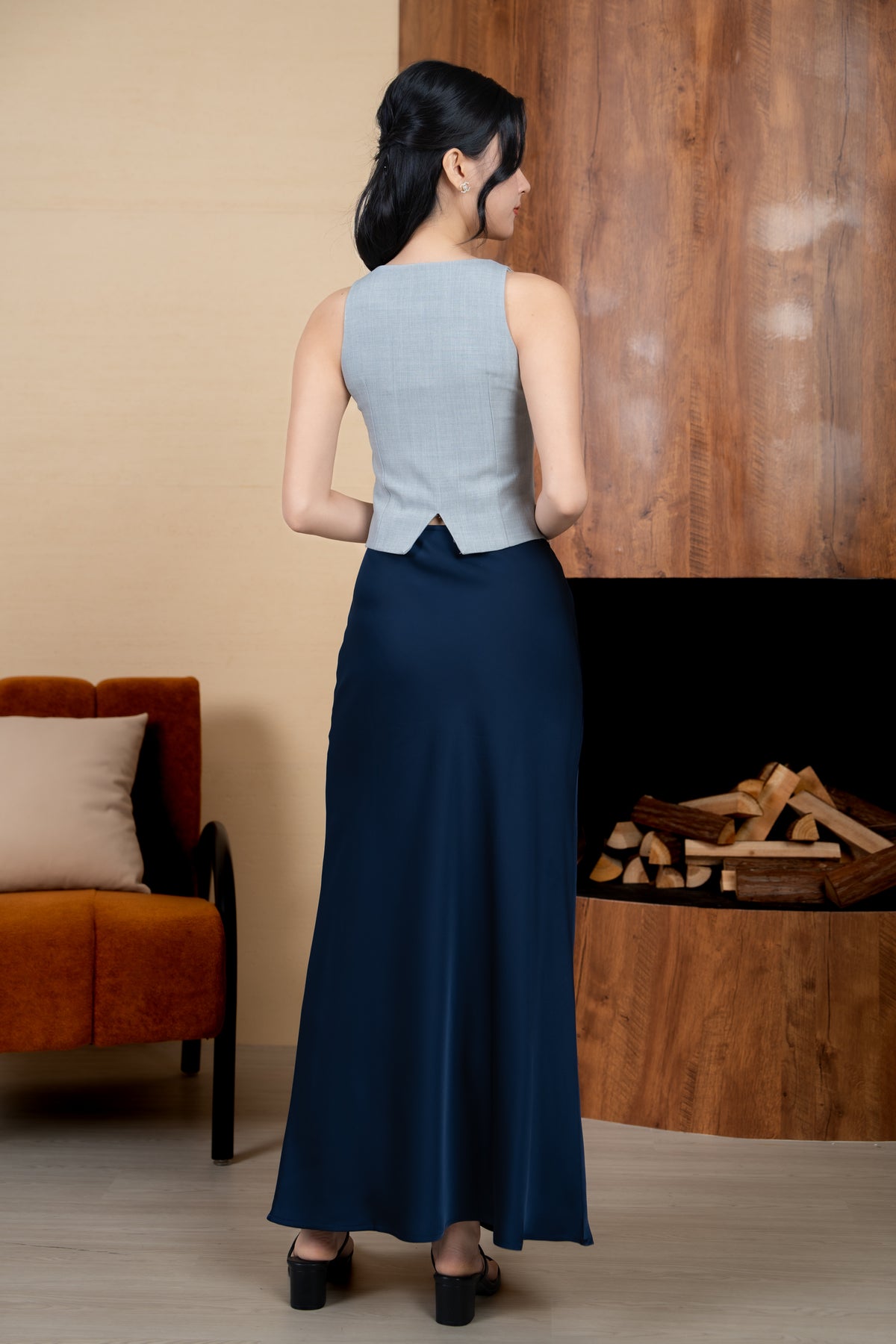 Natasha Satin Maxi Skirt in Navy