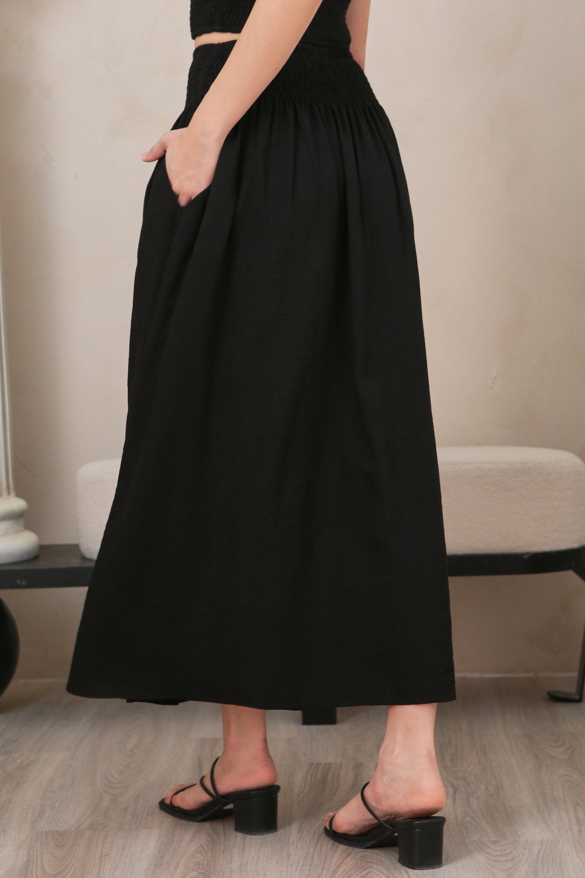 Kathy Smocked Waist Skirt in Black