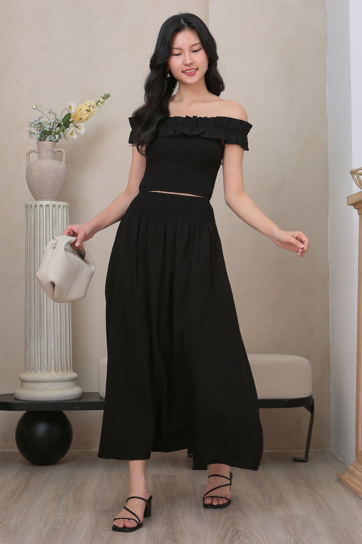 Kathy Smocked Waist Skirt in Black