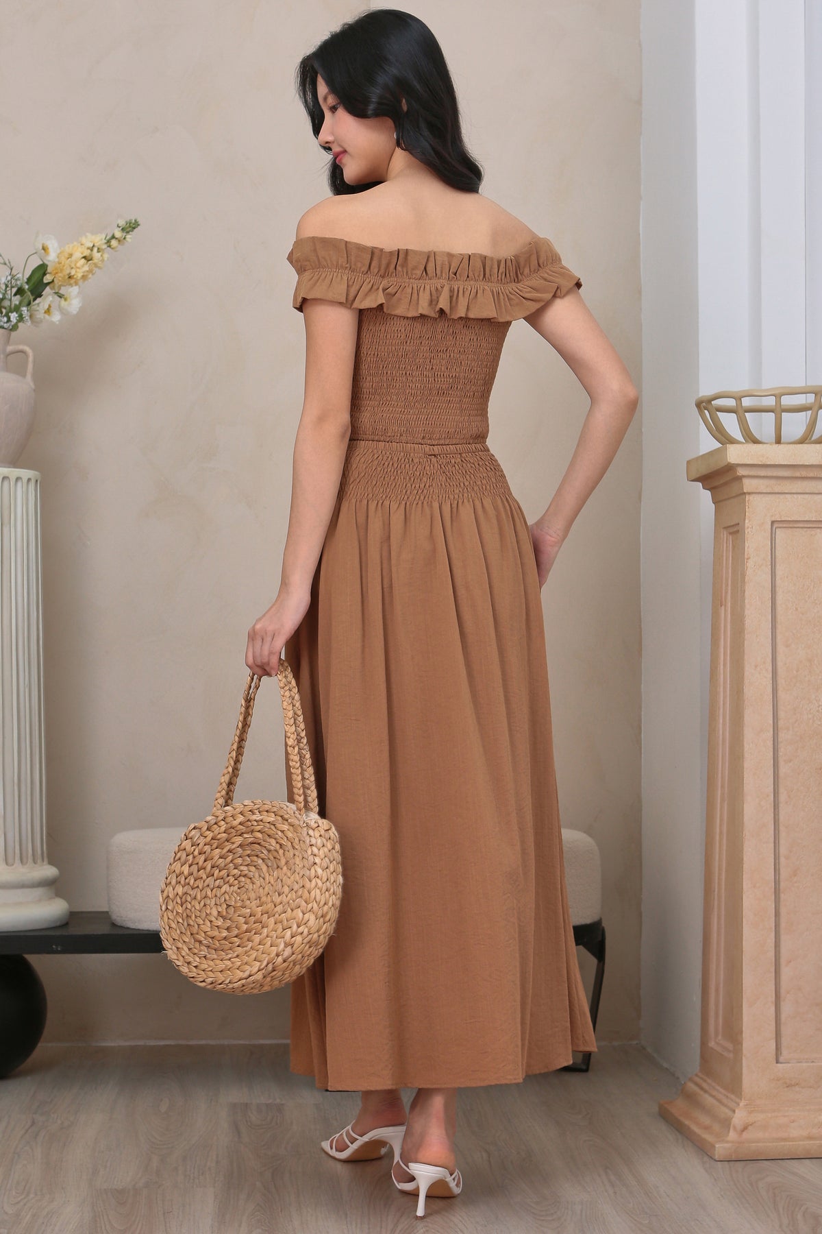 Kathy Smocked Waist Skirt in Brown