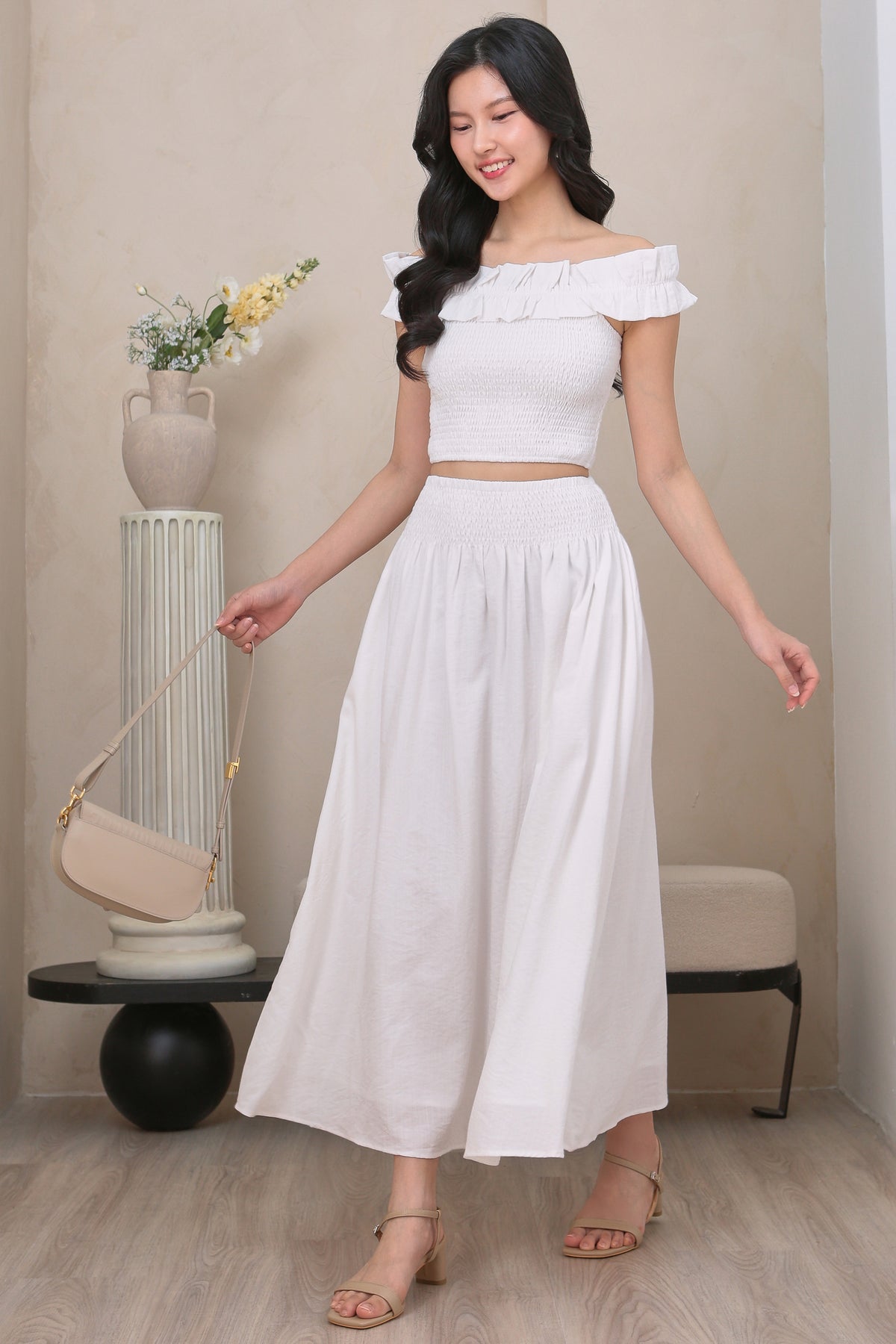 Kathy Smocked Waist Skirt in White