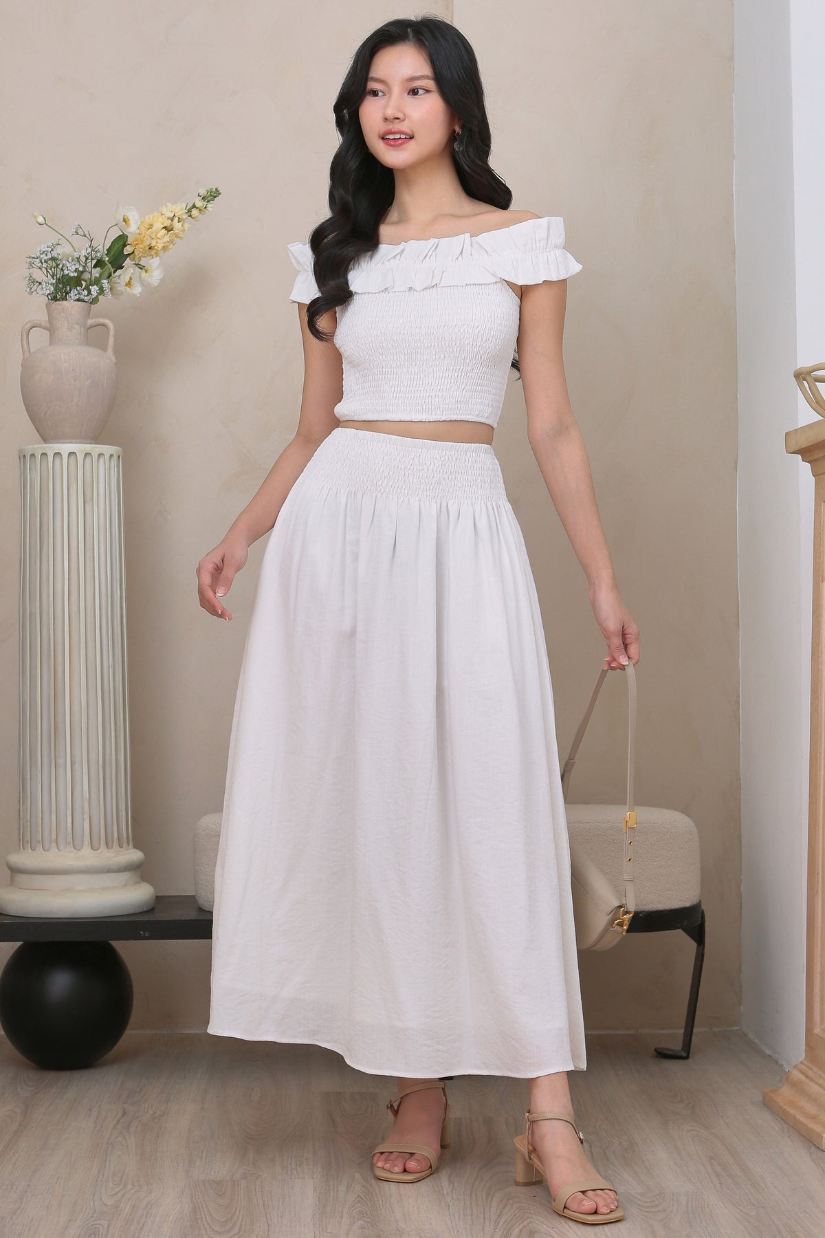 Kathy Smocked Waist Skirt in White