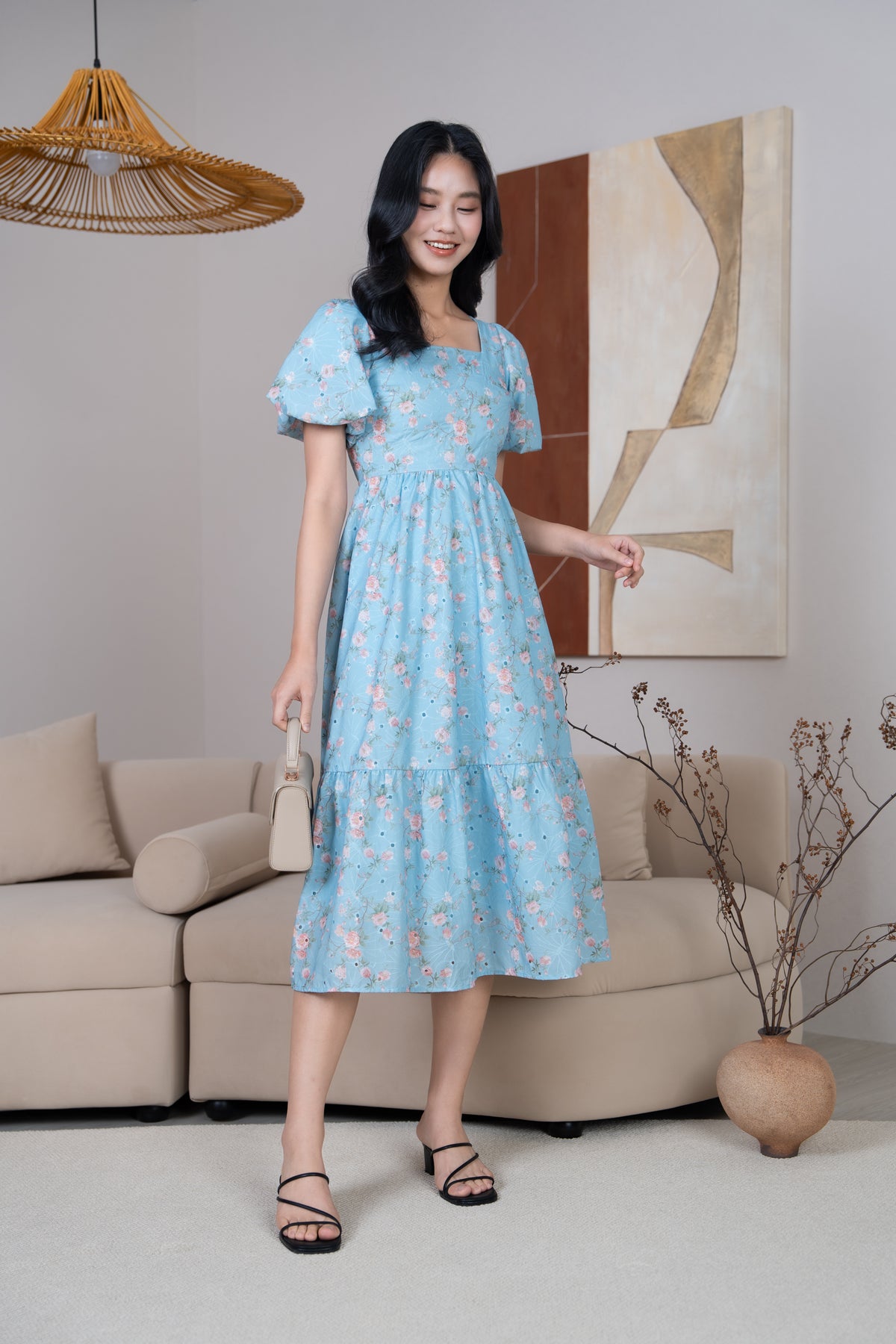 Marlene Floral Eyelet Pouf Sleeves Dress in Sky