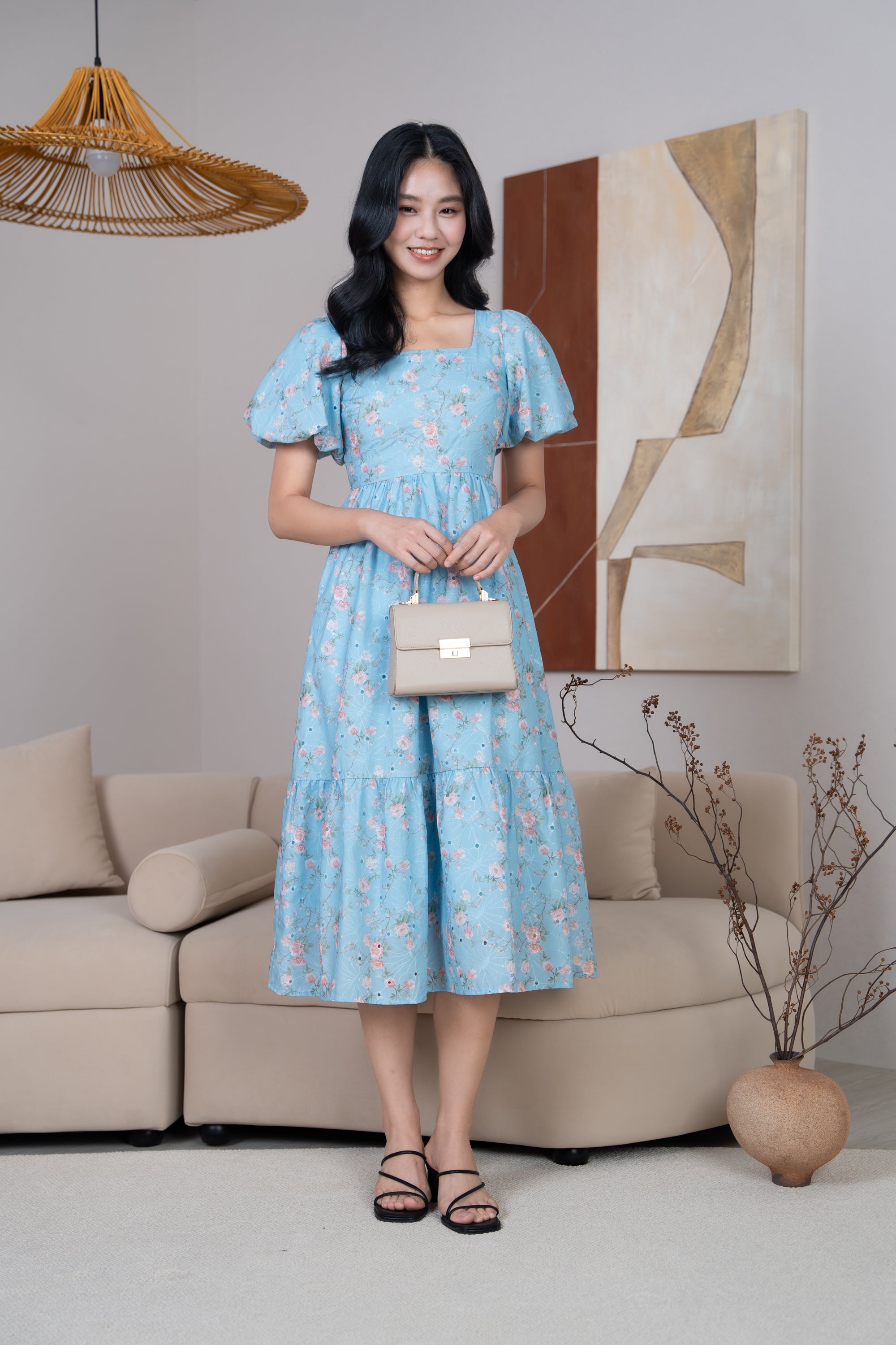 Marlene Floral Eyelet Pouf Sleeves Dress in Sky