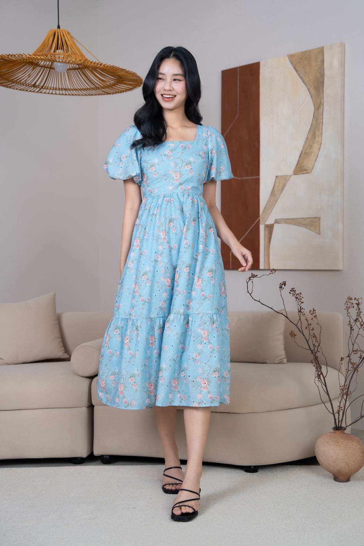 Marlene Floral Eyelet Pouf Sleeves Dress in Sky